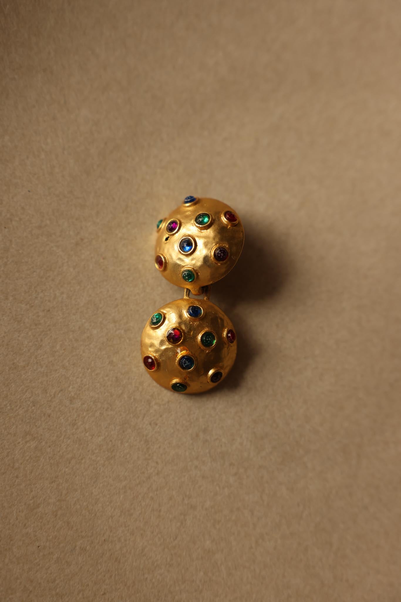 Brushed Gold Clip-On Earrings with Multicolor Cabochons|Vintage Baazaar 