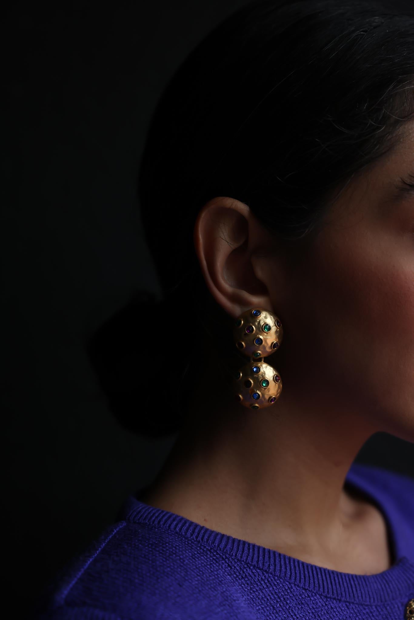 Brushed Gold Clip-On Earrings with Multicolor Cabochons|Vintage Baazaar 