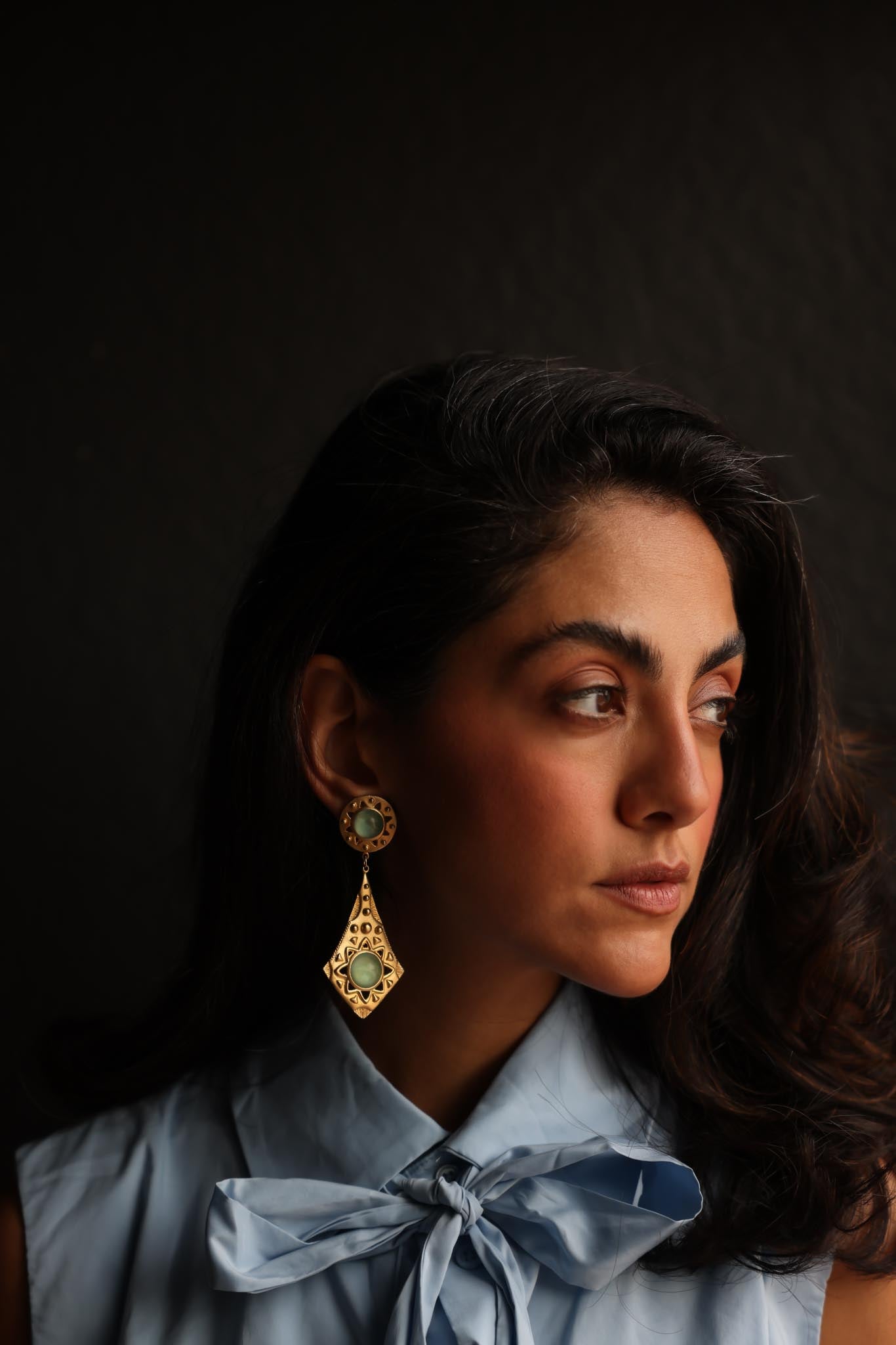 Matte Gold Statement Earrings with Turquoise Accents|Vintage Baazaar 