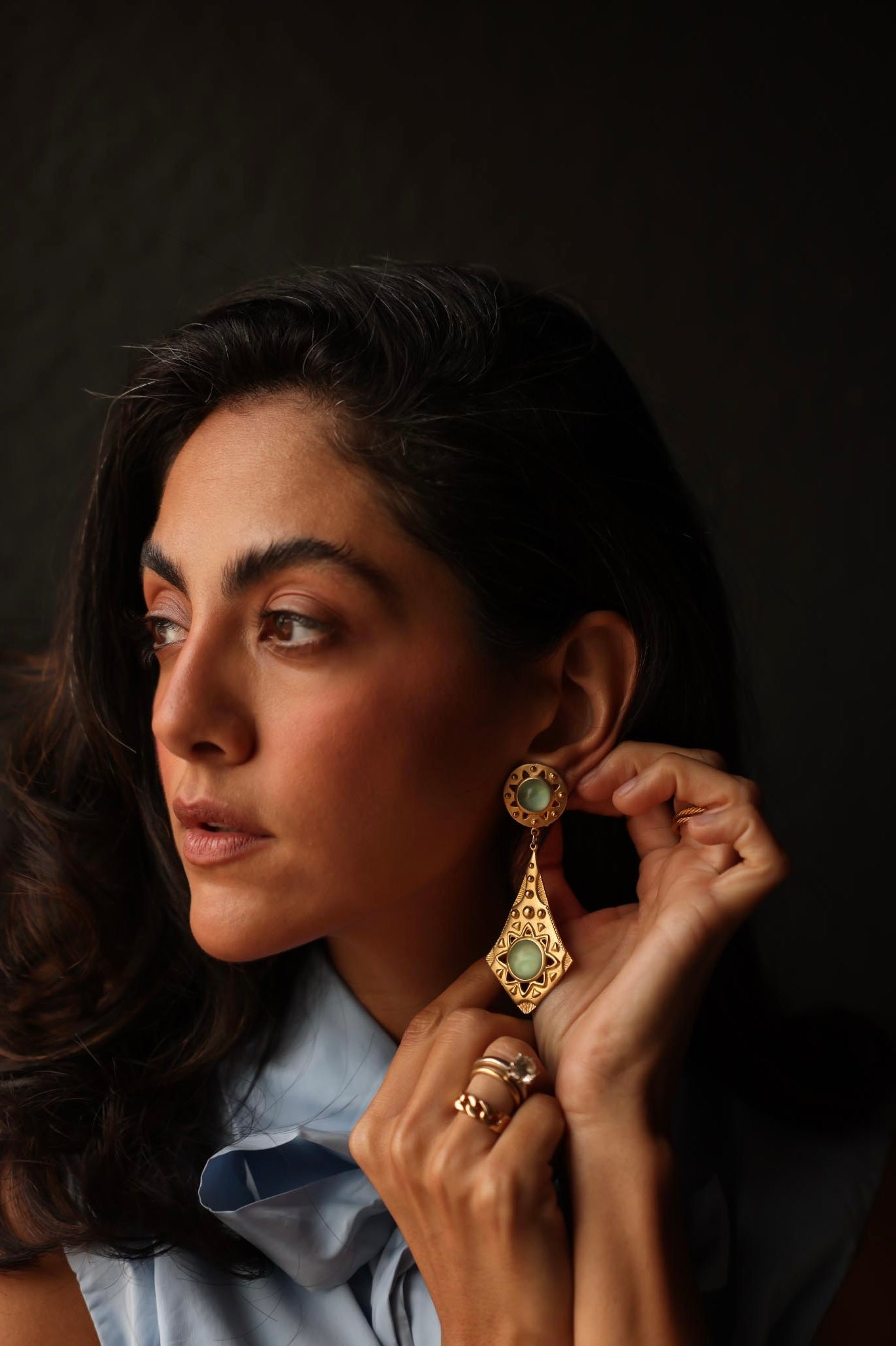 Matte Gold Statement Earrings with Turquoise Accents|Vintage Baazaar 