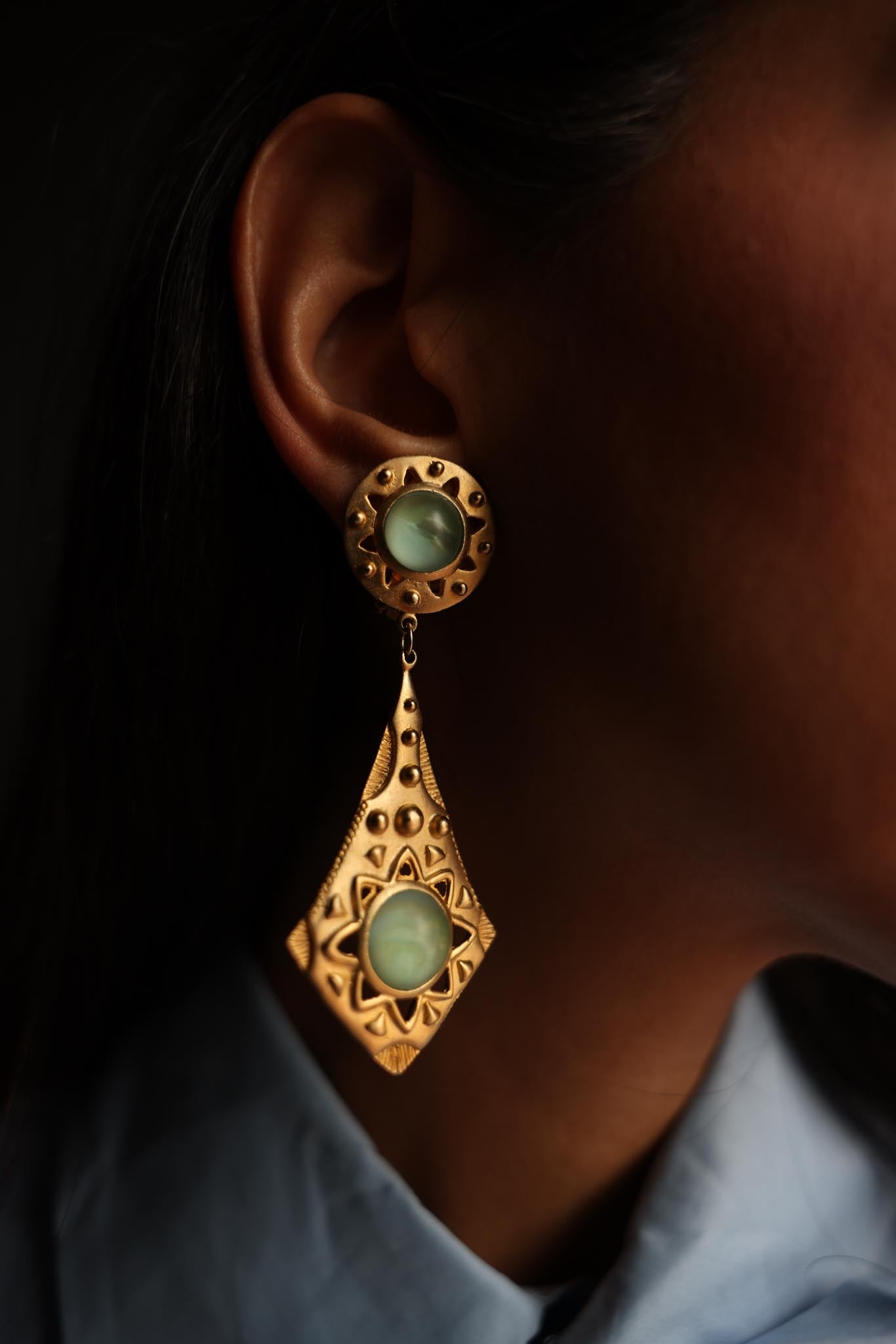 Matte Gold Statement Earrings with Turquoise Accents|Vintage Baazaar 