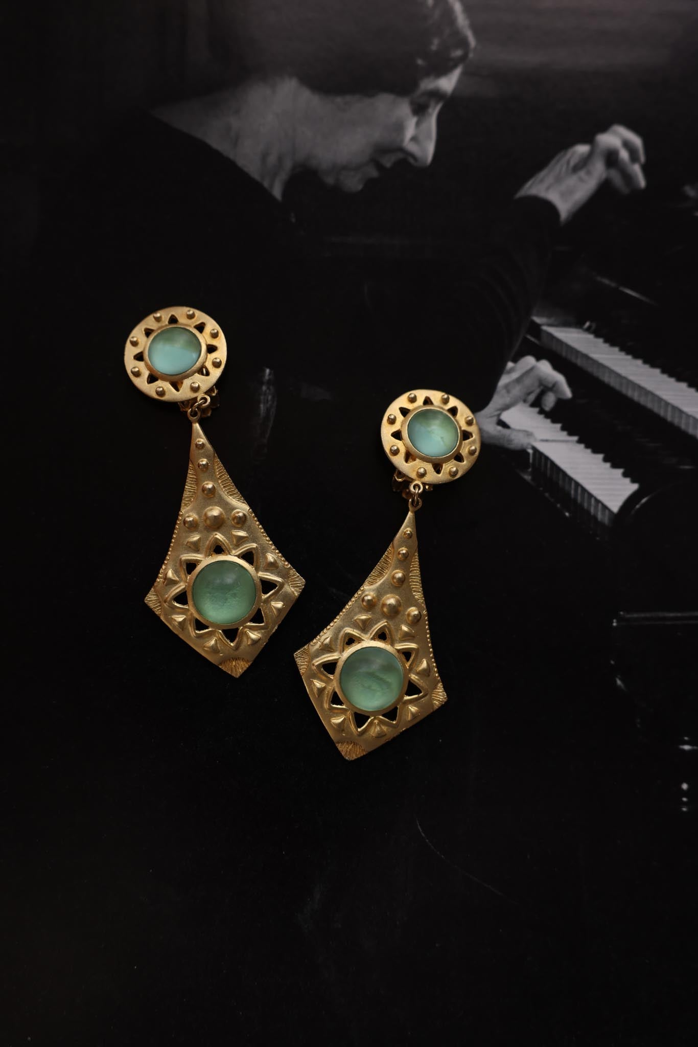 Matte Gold Statement Earrings with Turquoise Accents|Vintage Baazaar 
