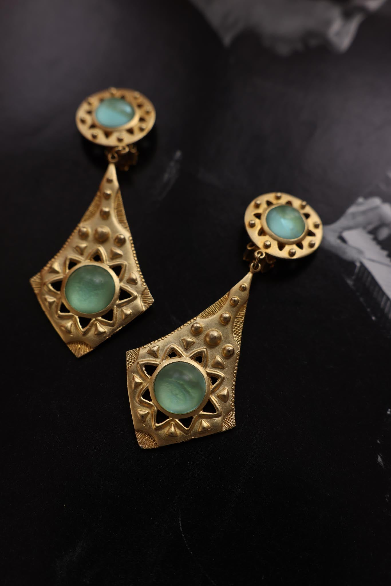 Matte Gold Statement Earrings with Turquoise Accents|Vintage Baazaar 