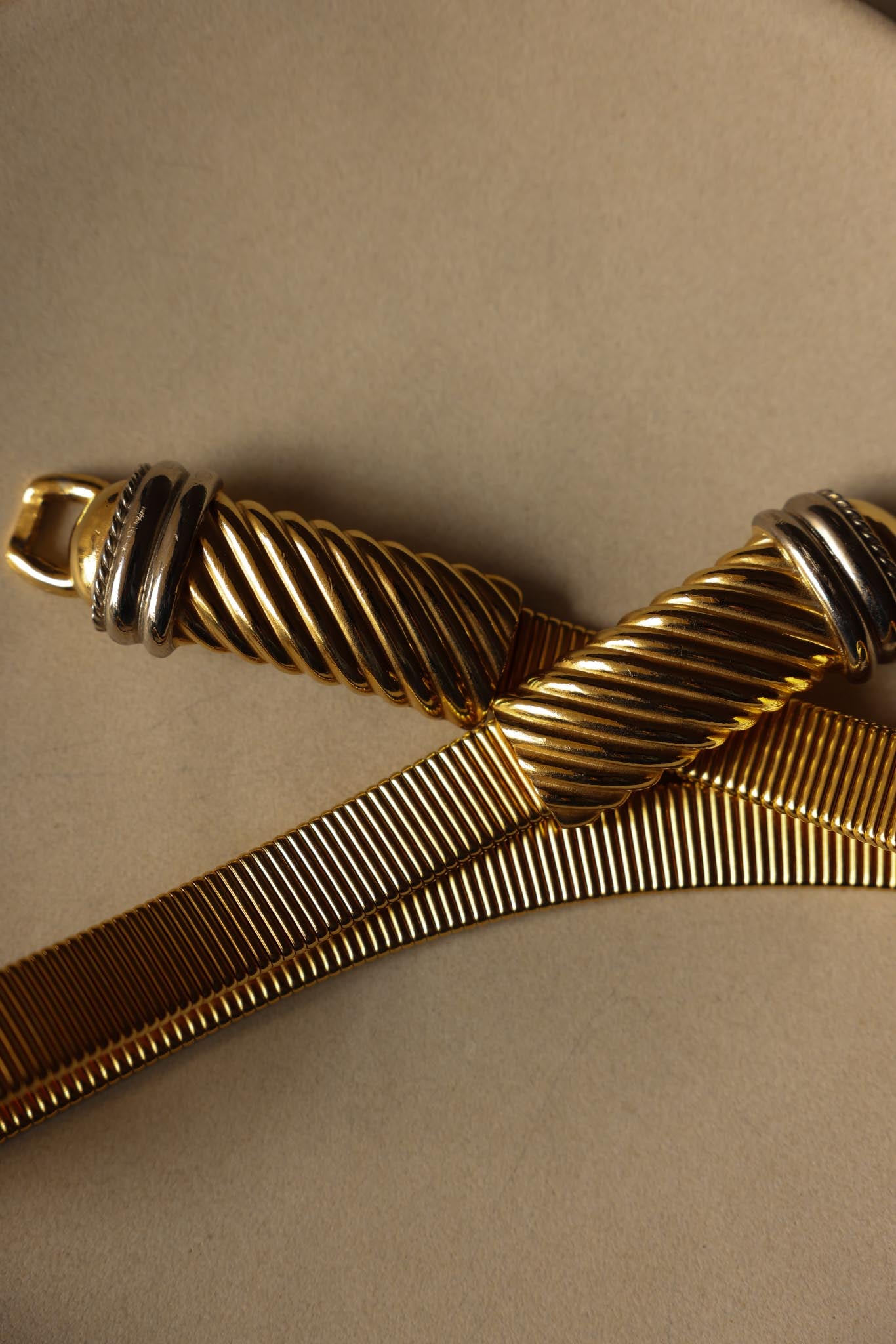 Gold-Tone Stretch Belt with Two-Tone Buckle|Vintage Baazaar 