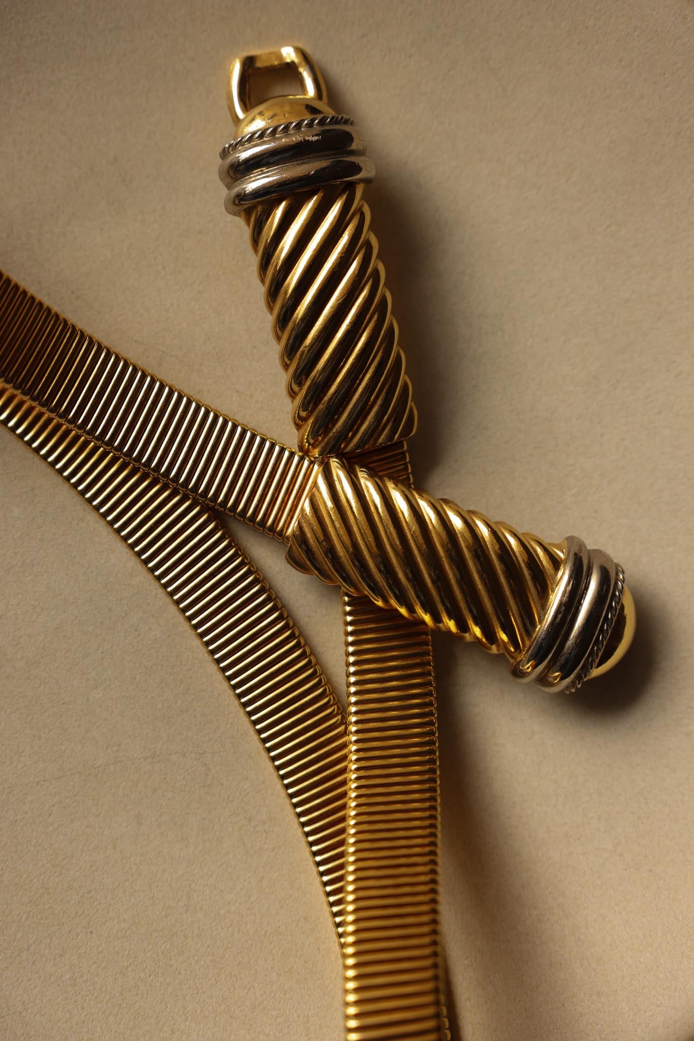 Gold-Tone Stretch Belt with Two-Tone Buckle|Vintage Baazaar 