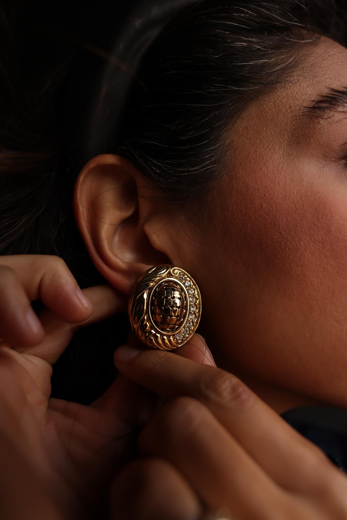 Ornate Gold Toned Earrings with Rhinestones|Vintage Baazaar 
