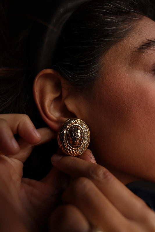 Ornate Gold Toned Earrings with Rhinestones|Vintage Baazaar 