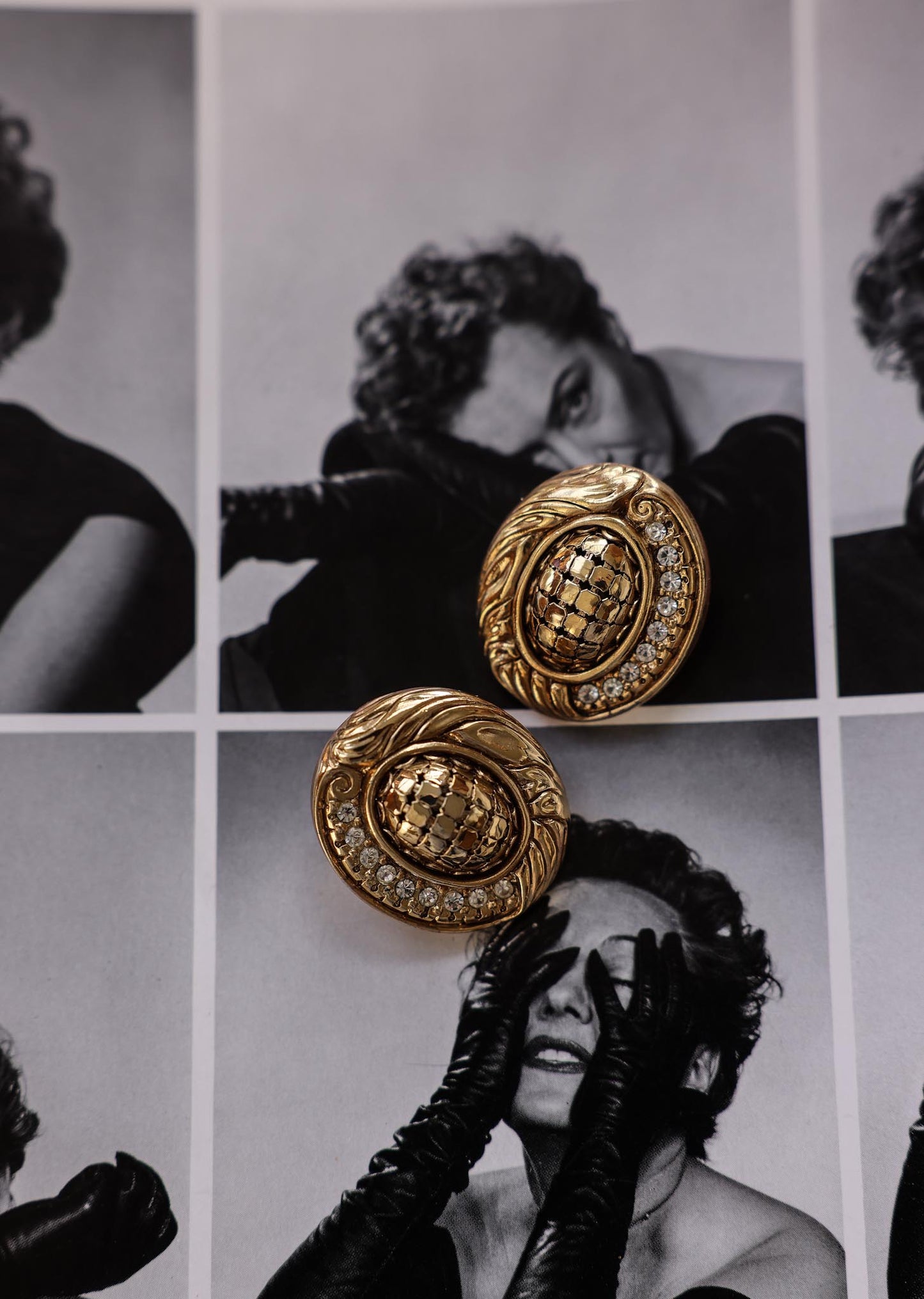 Ornate Gold Toned Earrings with Rhinestones|Vintage Baazaar 