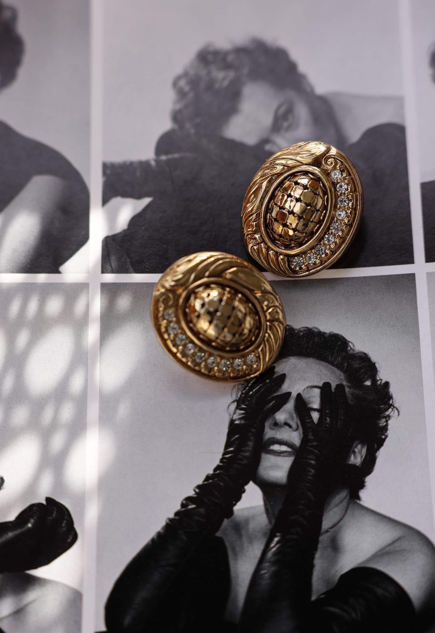 Ornate Gold Toned Earrings with Rhinestones|Vintage Baazaar 