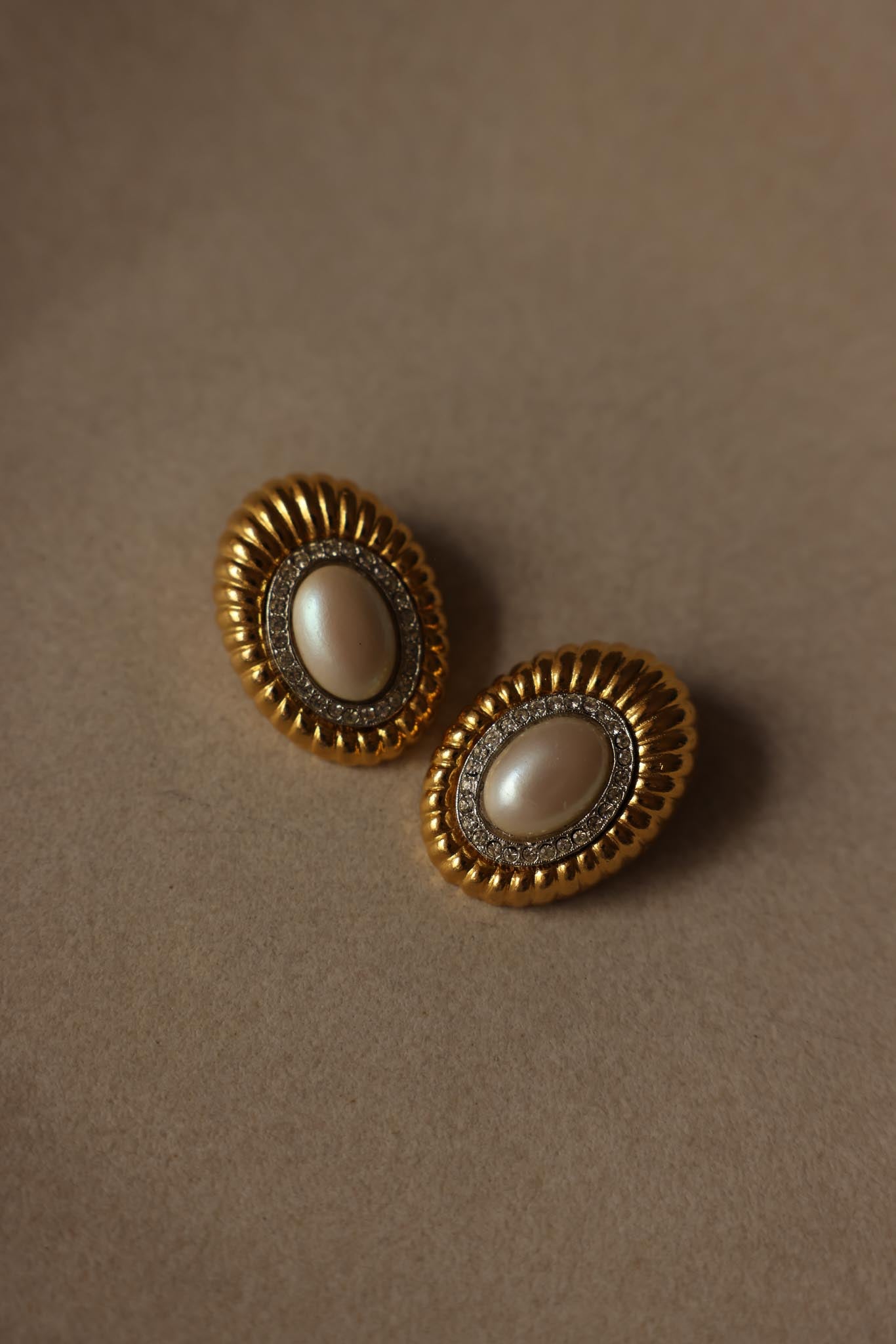 Gold-Tone Faux Pearl & Rhinestone Oval Clip-On Earrings (1980s)