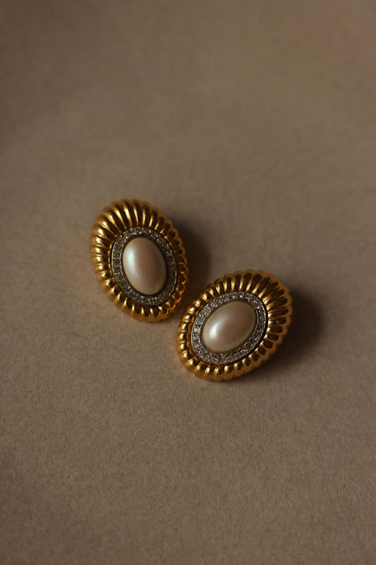 Gold-Tone Faux Pearl & Rhinestone Oval Clip-On Earrings (1980s)