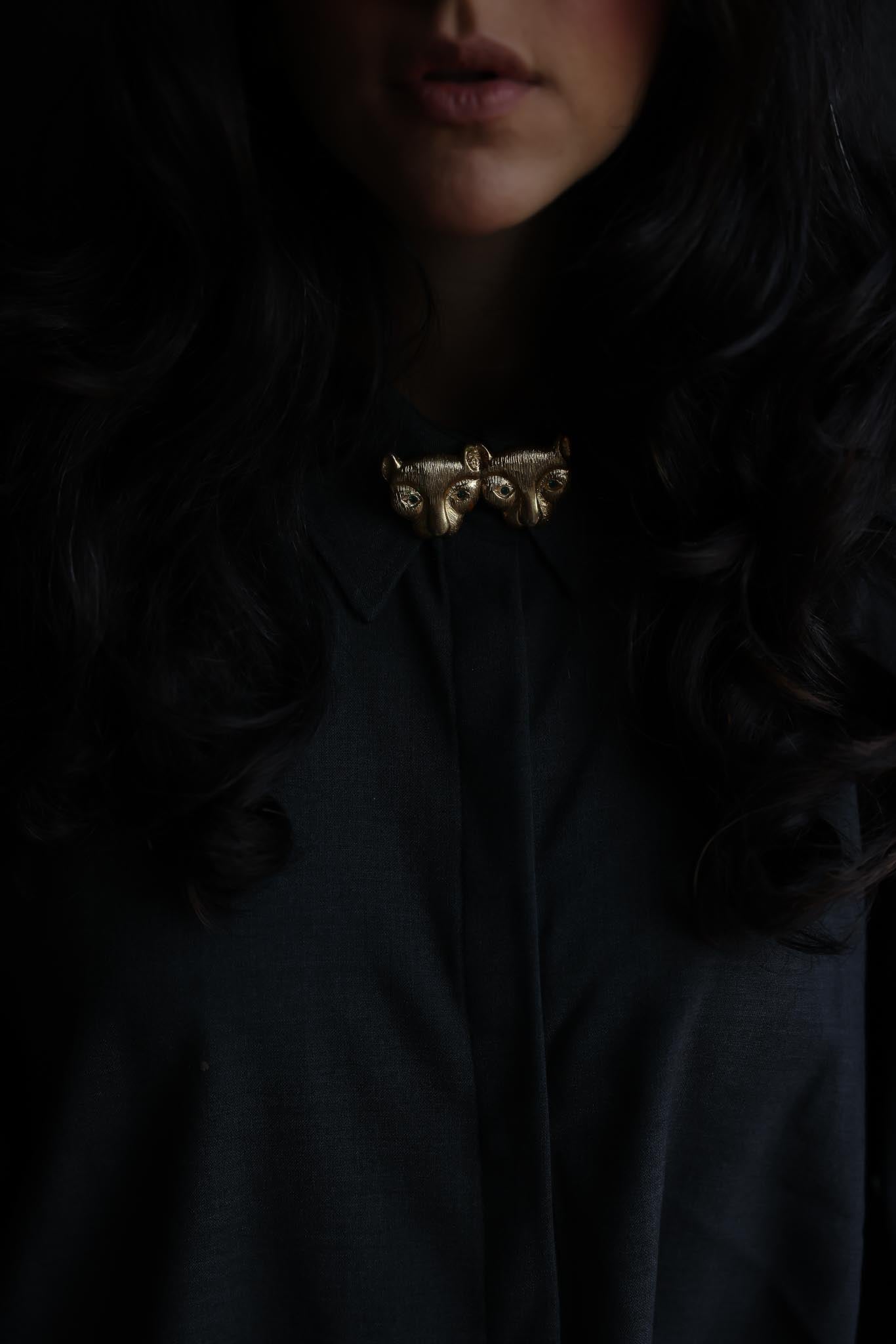 Double Lion Head Gold-Tone Brooch