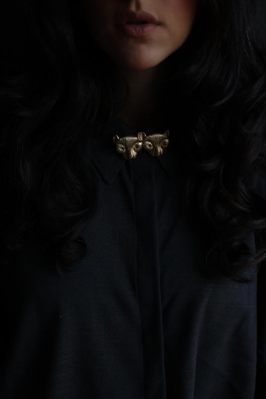Double Lion Head Gold-Tone Brooch