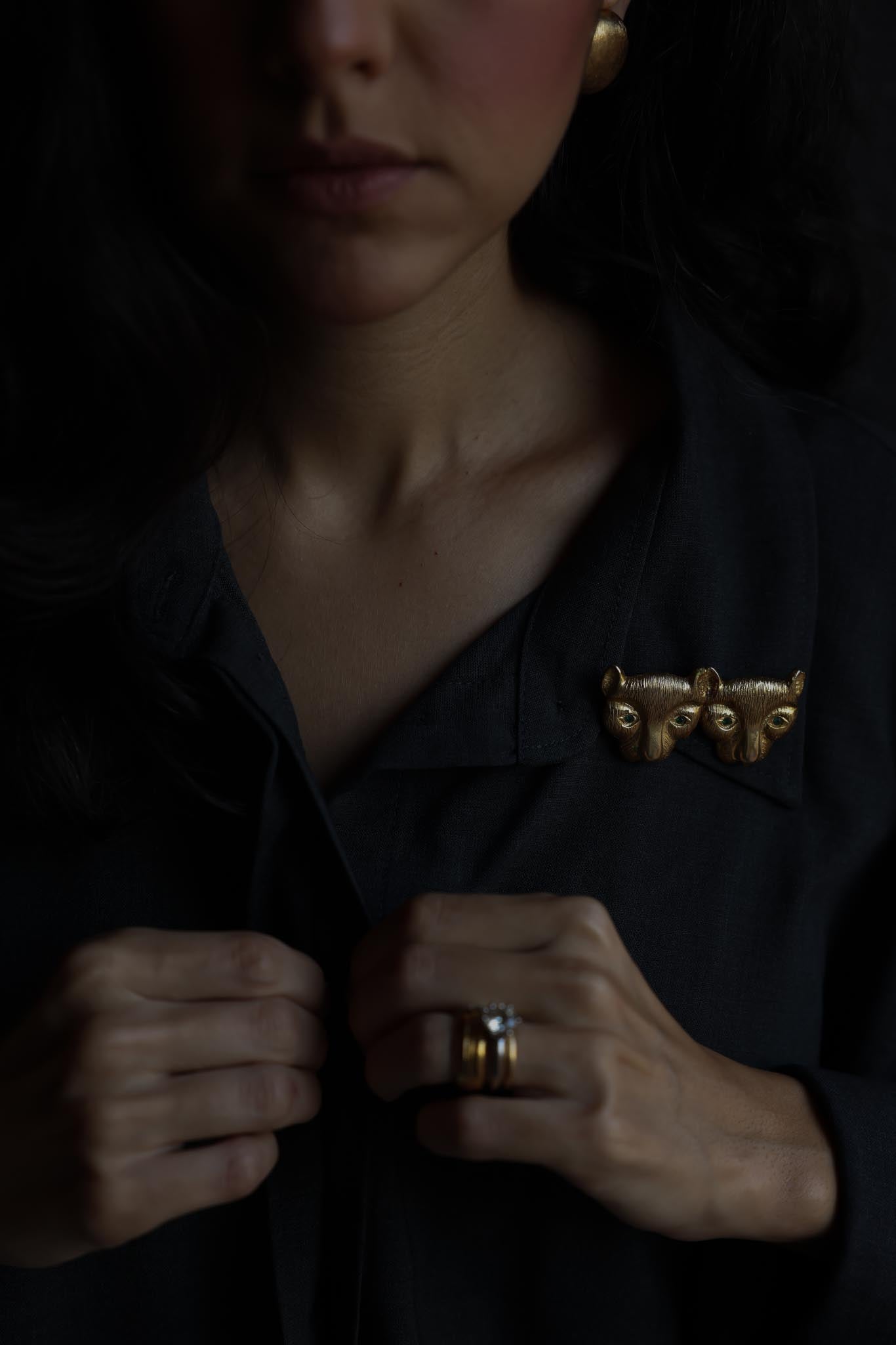 Double Lion Head Gold-Tone Brooch
