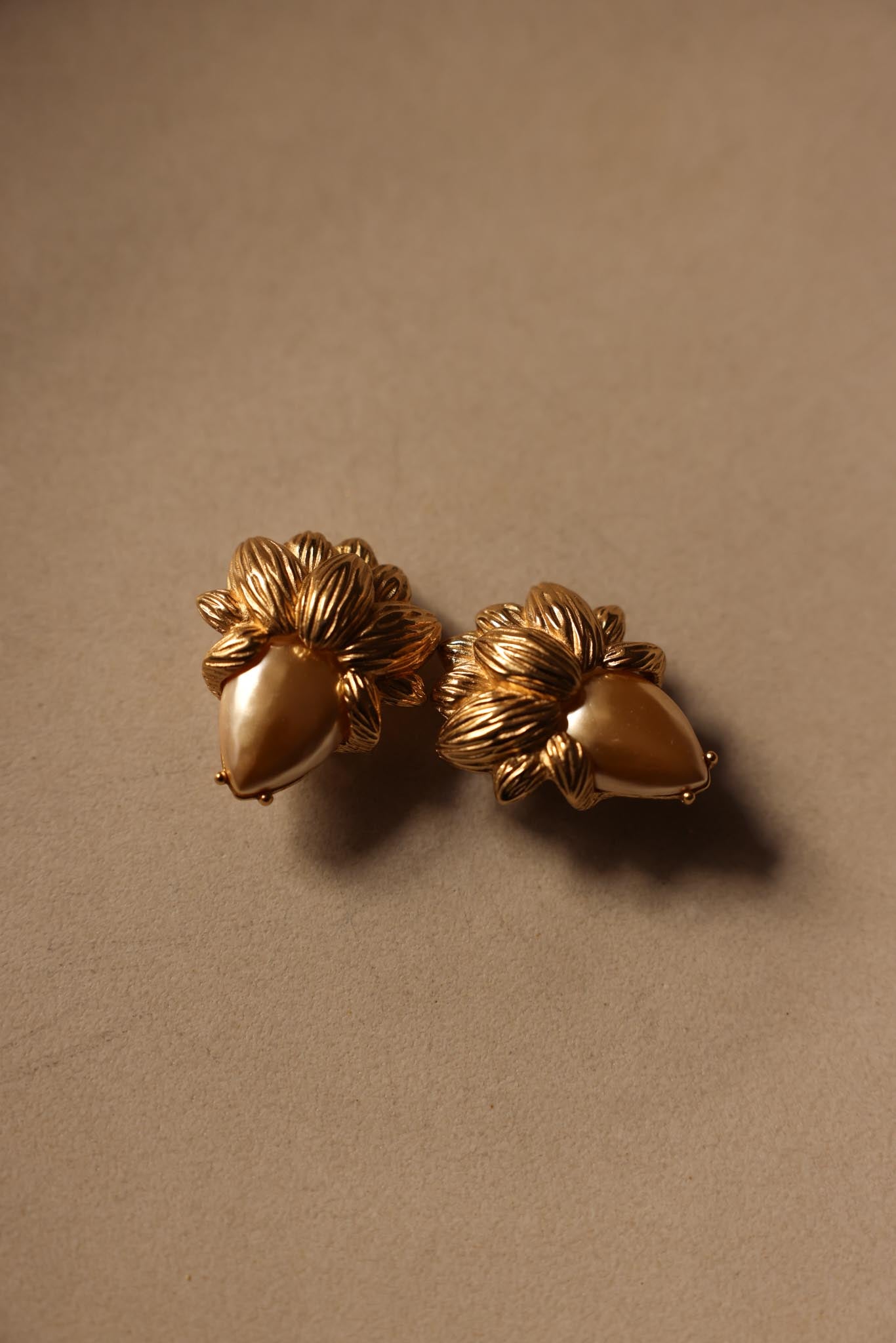 Gold-Tone Floral Clip-On Earrings with Teardrop Faux Pearls