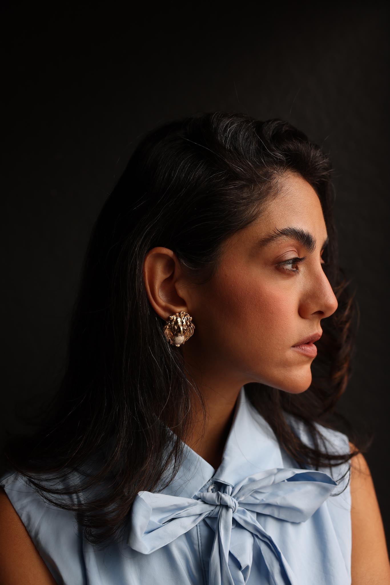 Gold Lion Head Earrings with White Cabochons|Vintage Baazaar 