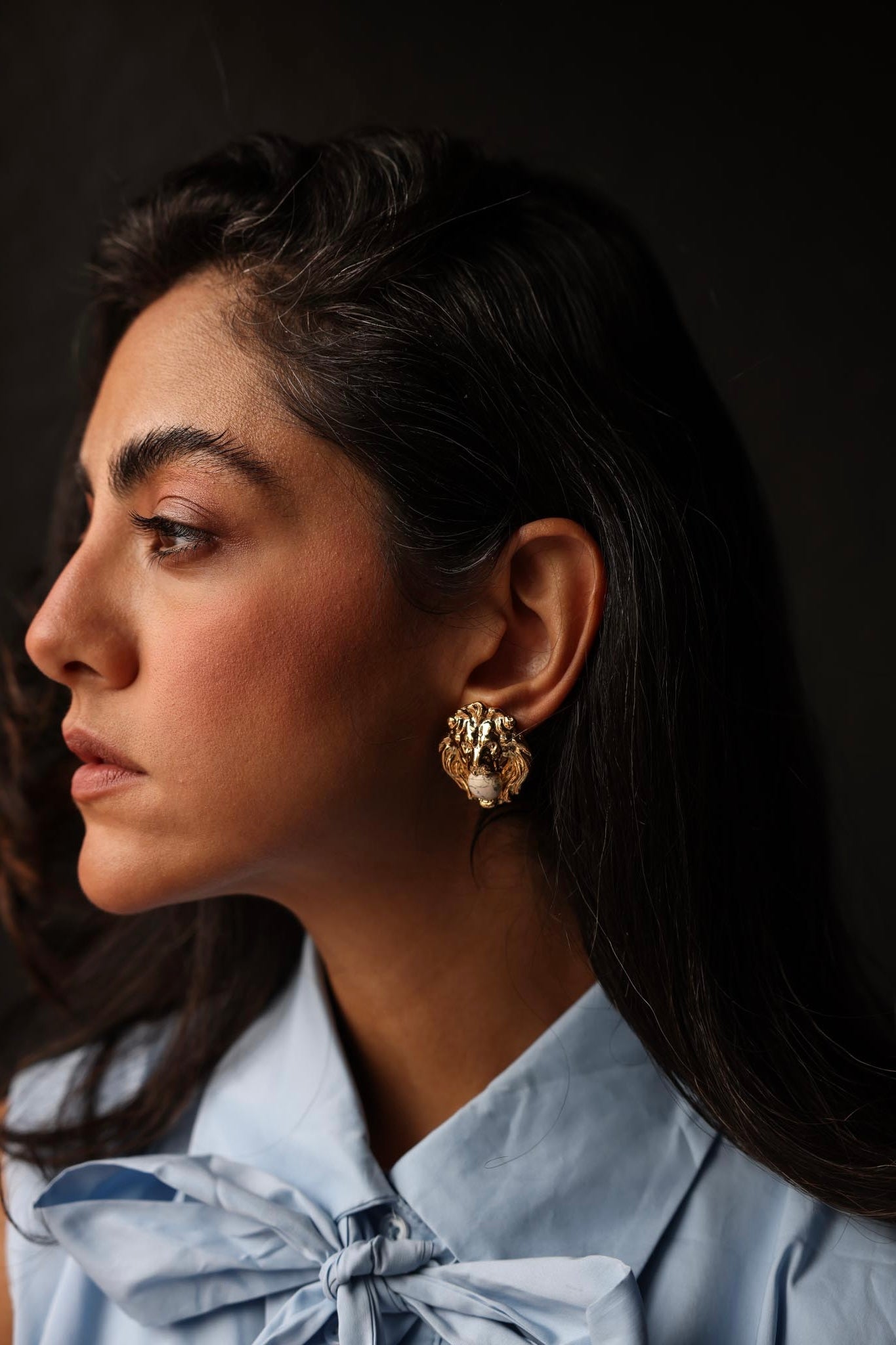 Gold Lion Head Earrings with White Cabochons|Vintage Baazaar 