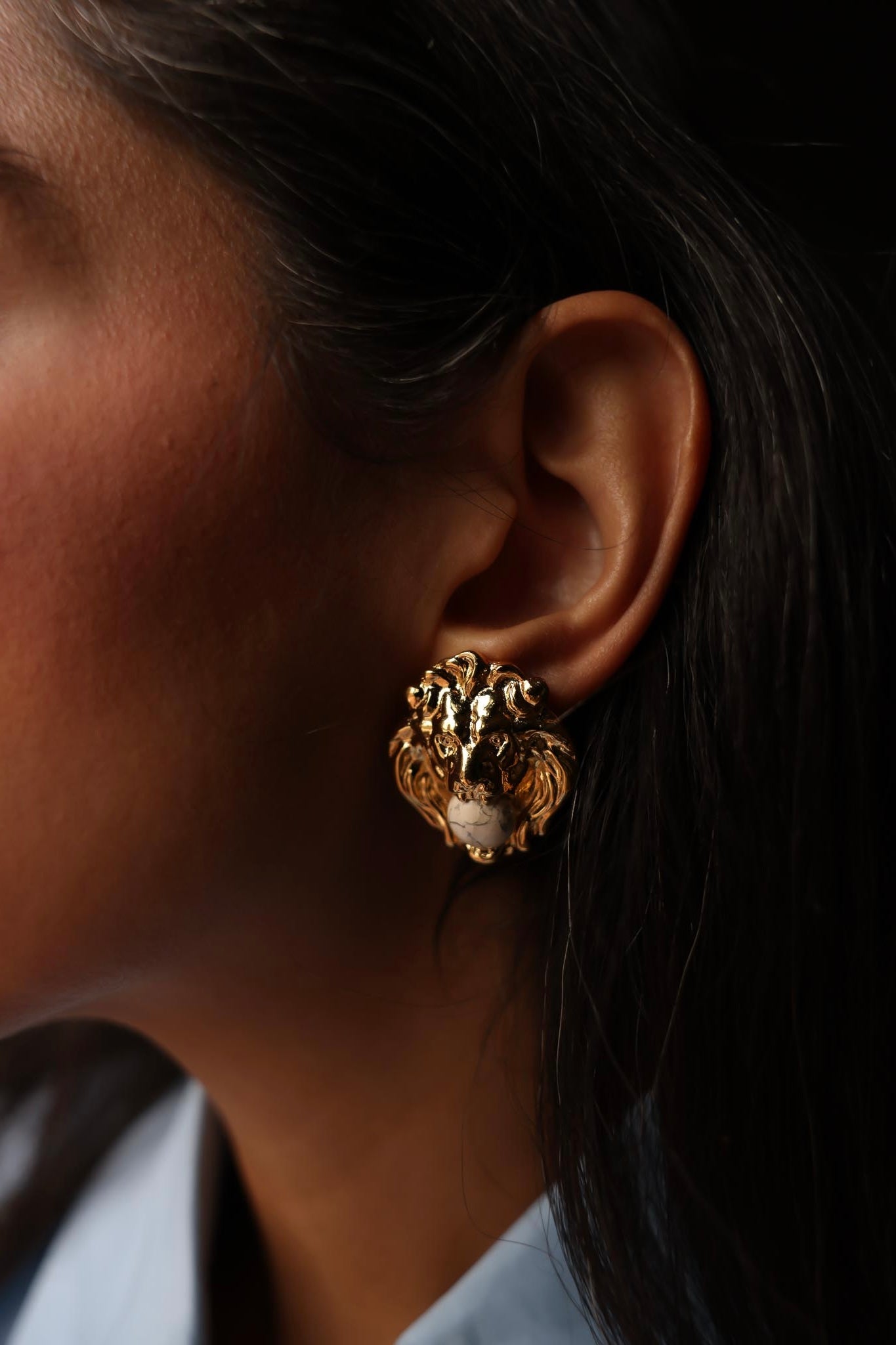 Gold Lion Head Earrings with White Cabochons|Vintage Baazaar 