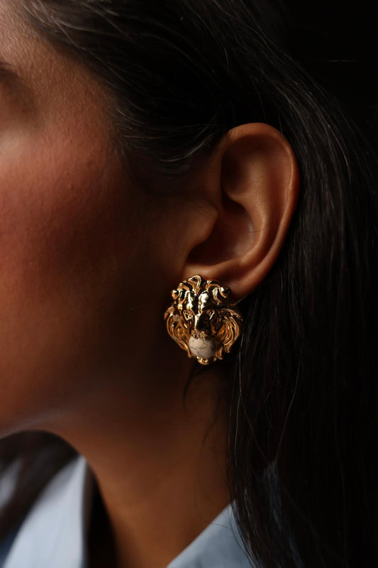 Gold Lion Head Earrings with White Cabochons