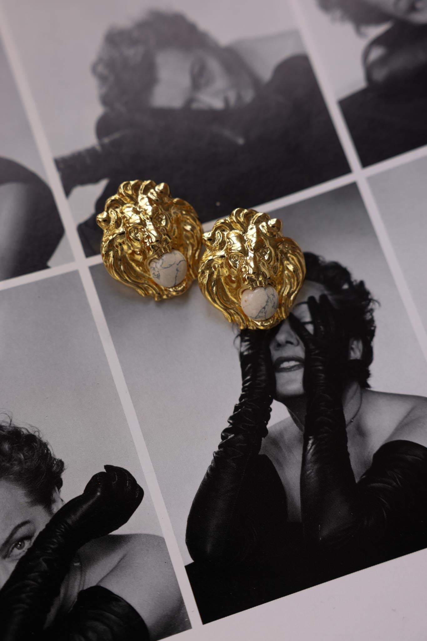 Gold Lion Head Earrings with White Cabochons|Vintage Baazaar 