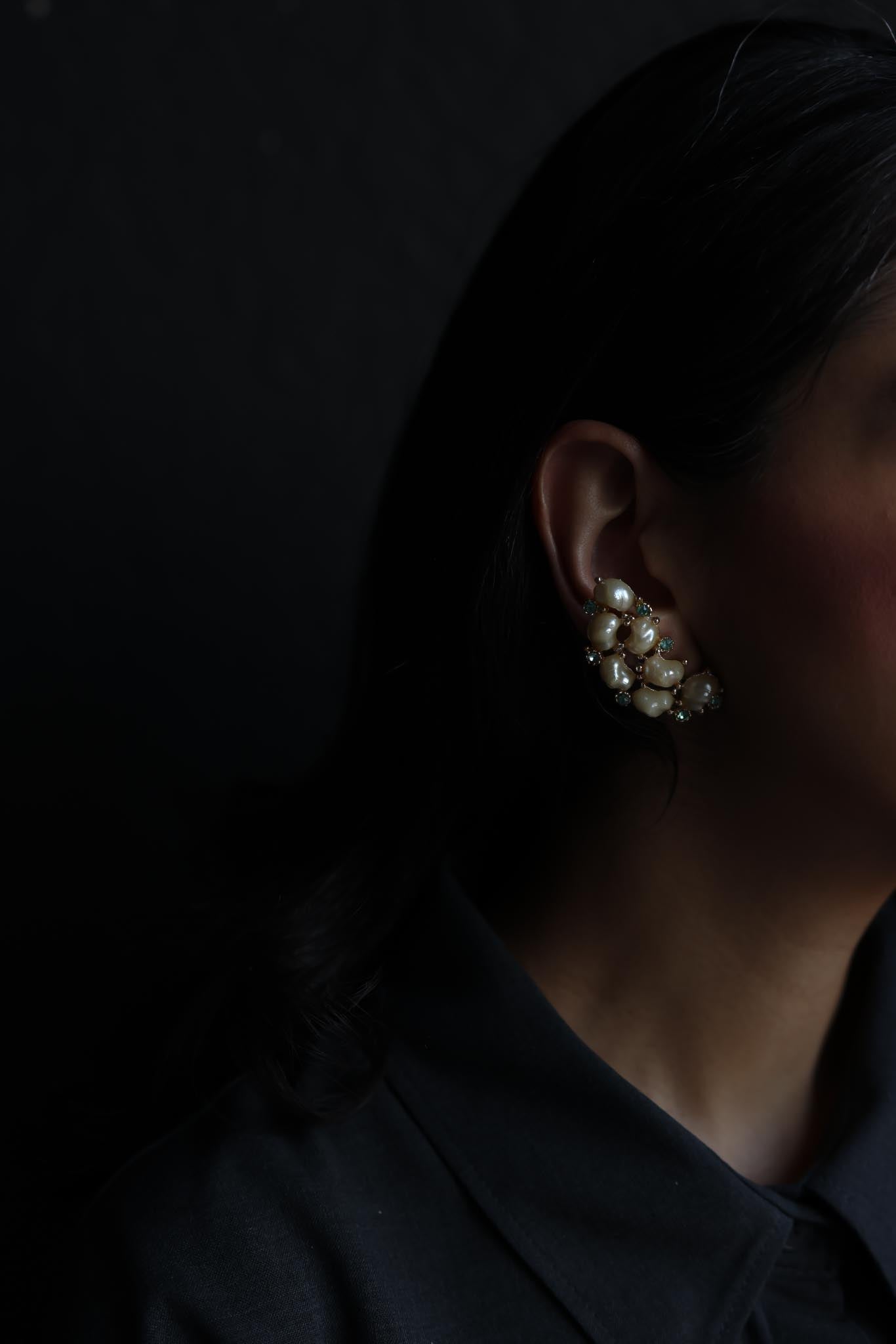 Gold-Tone Pearl & Blue Cluster Clip-On Earrings