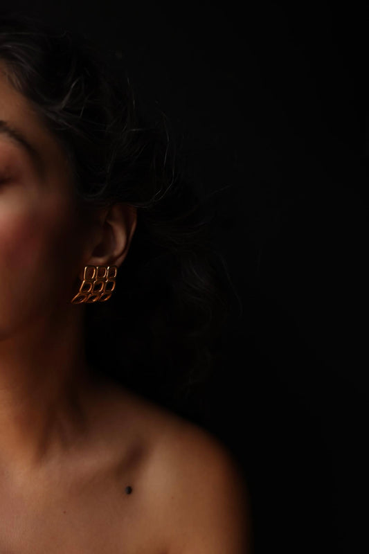 Geometric Grid Gold-Tone Pierced Earrings