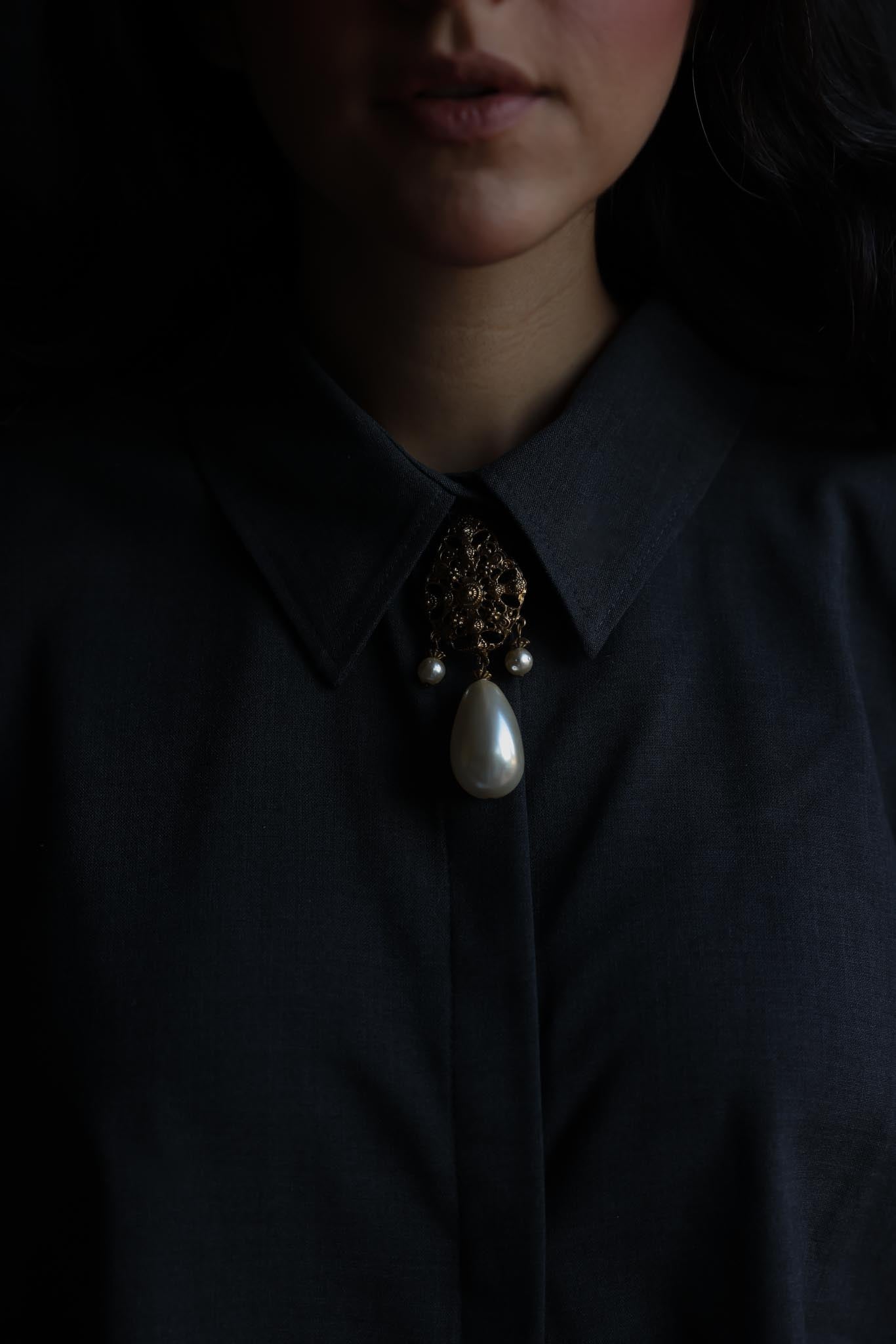 Gold-Tone Filigree Brooch with Faux Pearl Drop