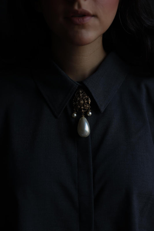 Gold-Tone Filigree Brooch with Faux Pearl Drop