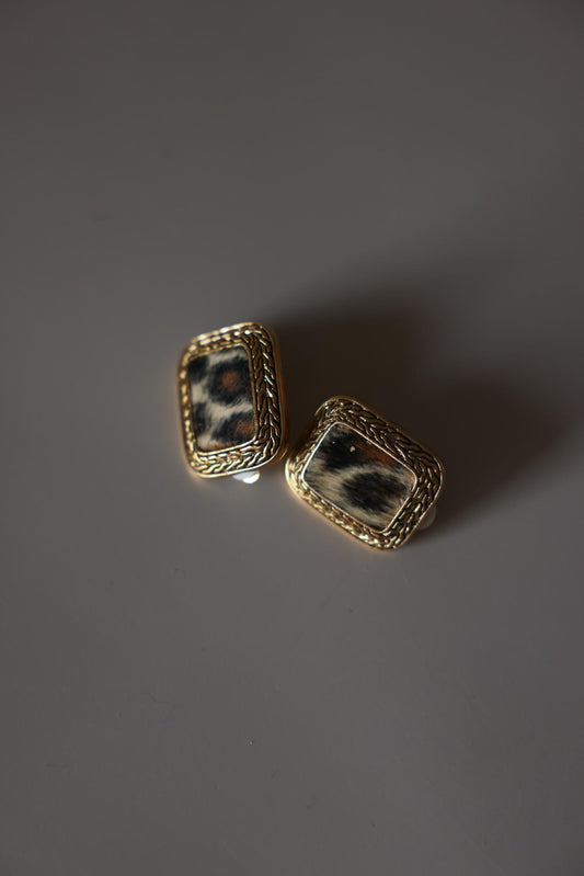 Leopard Faux Fur Rectangle Clip-On Earrings|Vintage Baazaar 