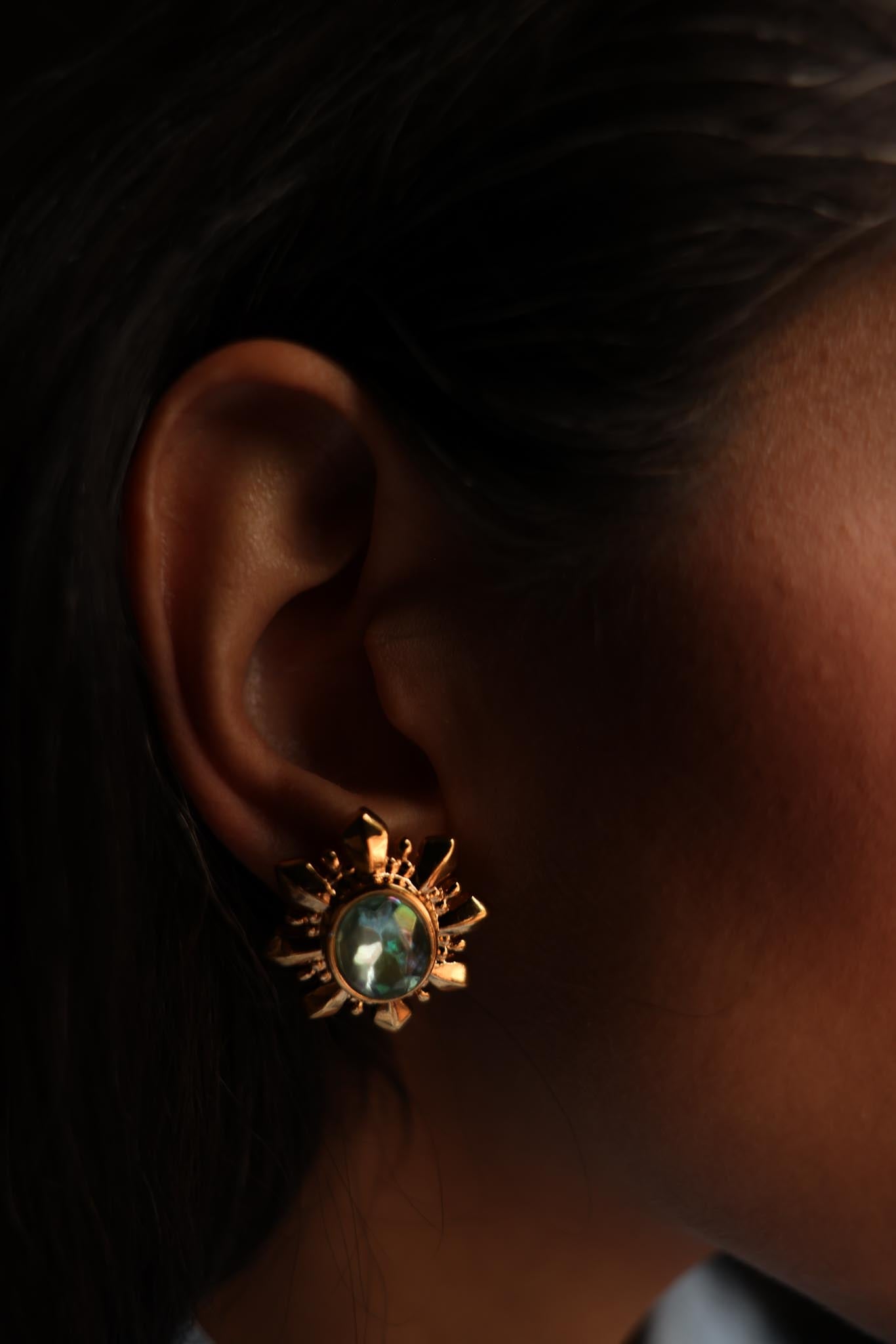 Gold Tone Sunburst Earrings with Iridescent Crystal|Vintage Baazaar 