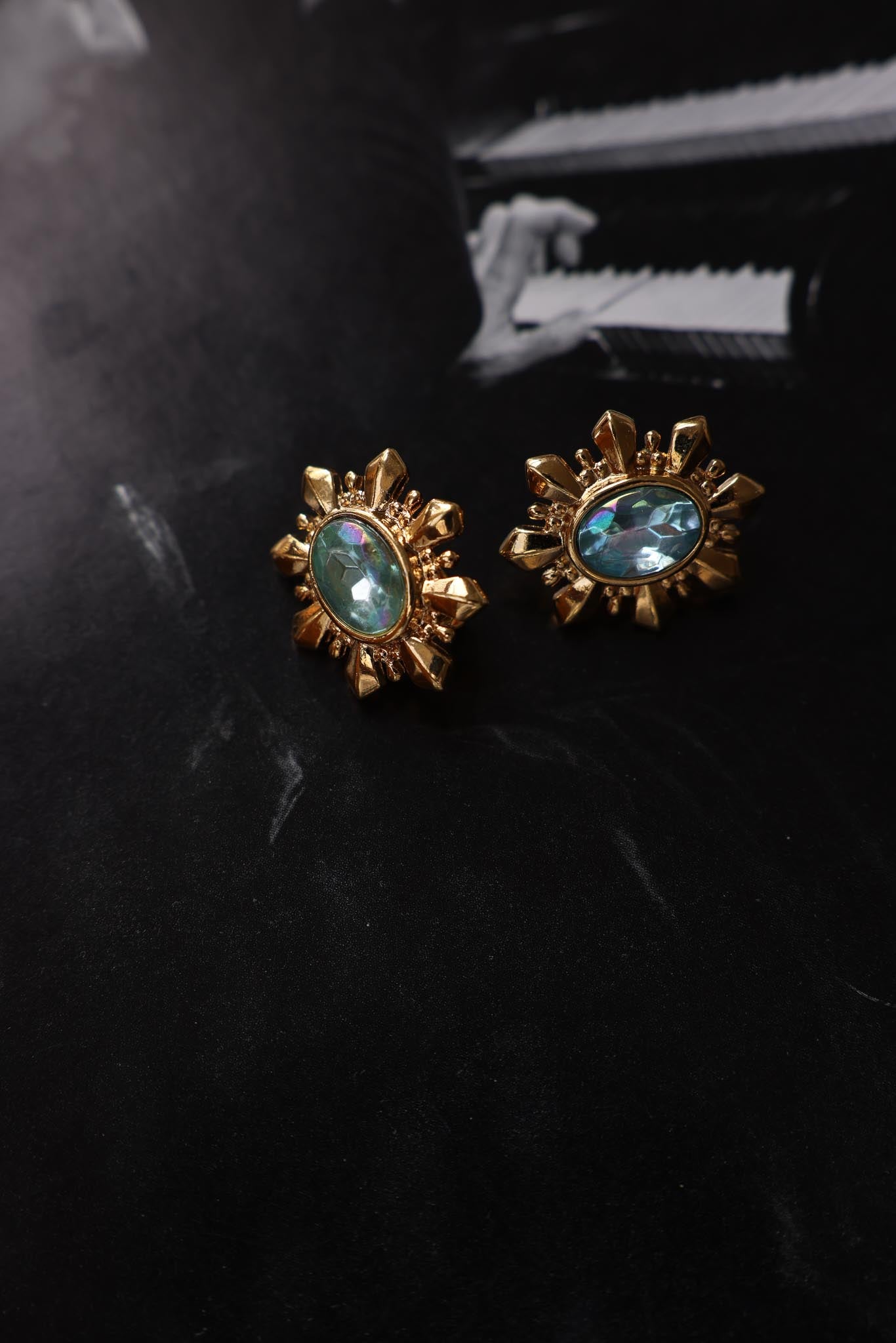 Gold Tone Sunburst Earrings with Iridescent Crystal|Vintage Baazaar 