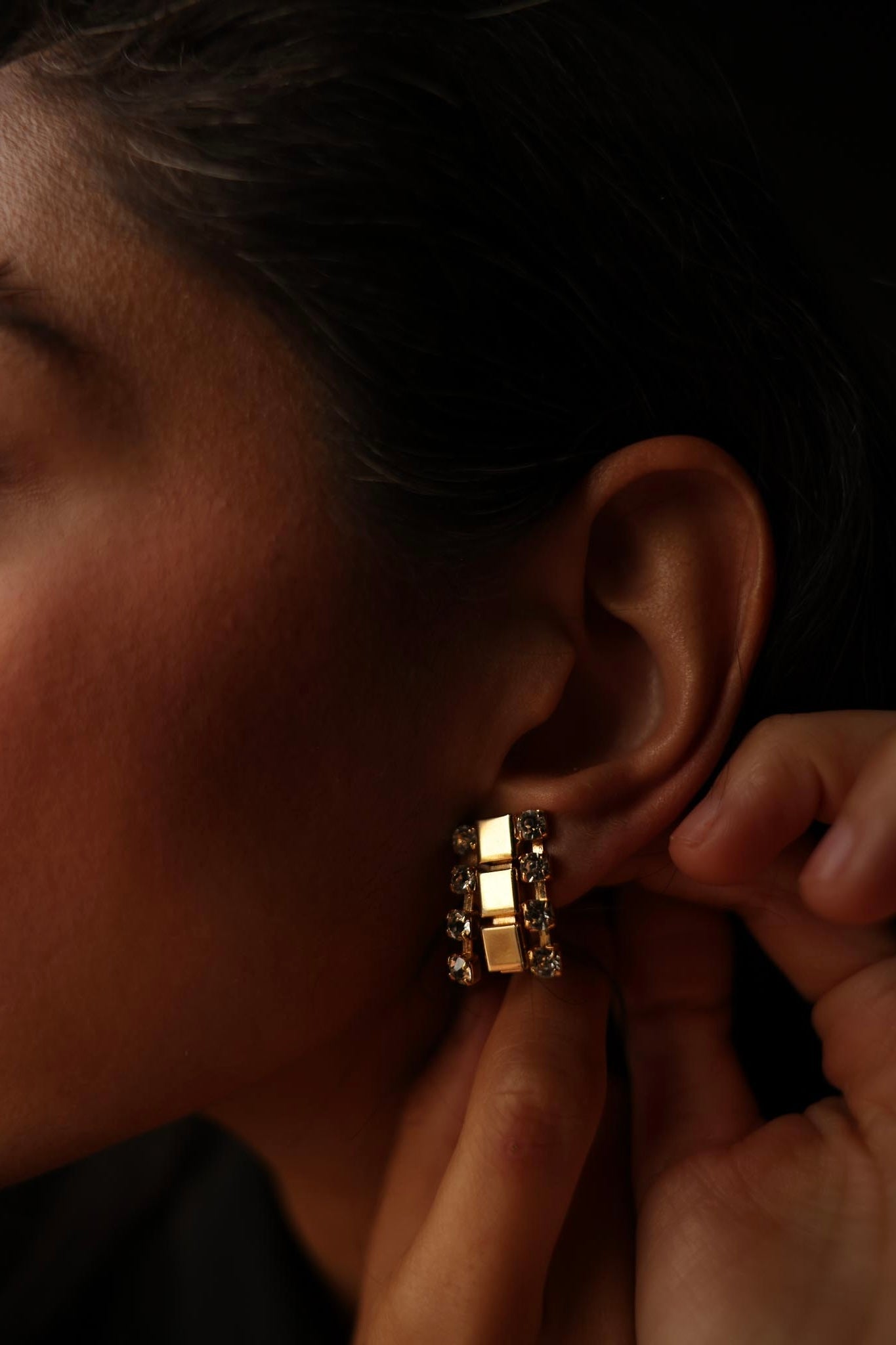 Gold Tone Rhinestone Huggie Earrings|Vintage Baazaar 