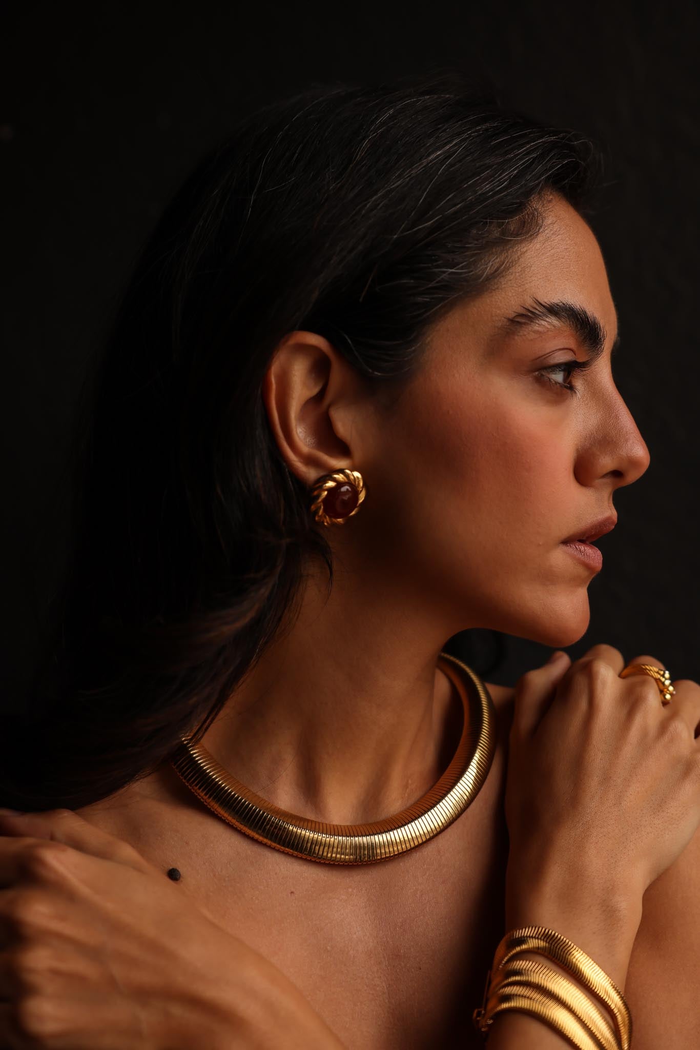 Twisted Gold  Earrings with Brown Cabochons|Vintage Baazaar 