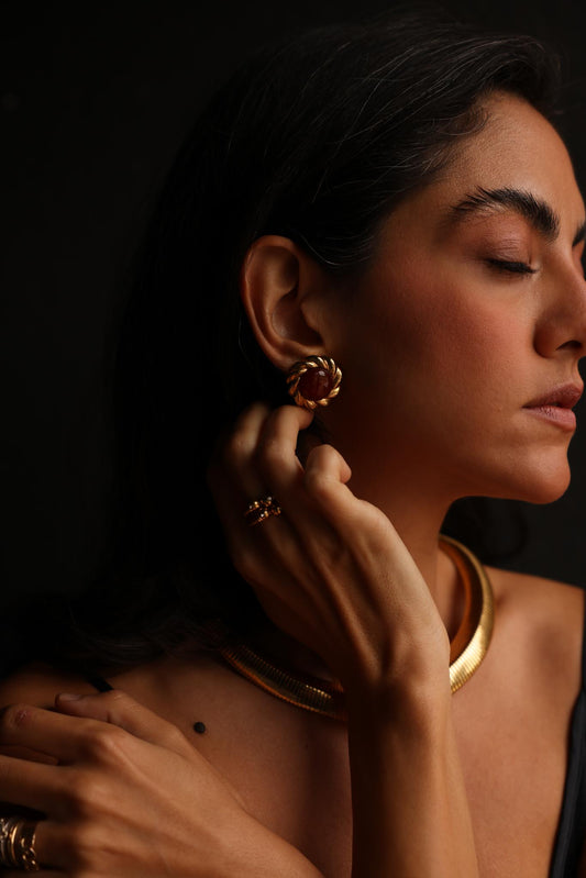 Twisted Gold  Earrings with Brown Cabochons|Vintage Baazaar 
