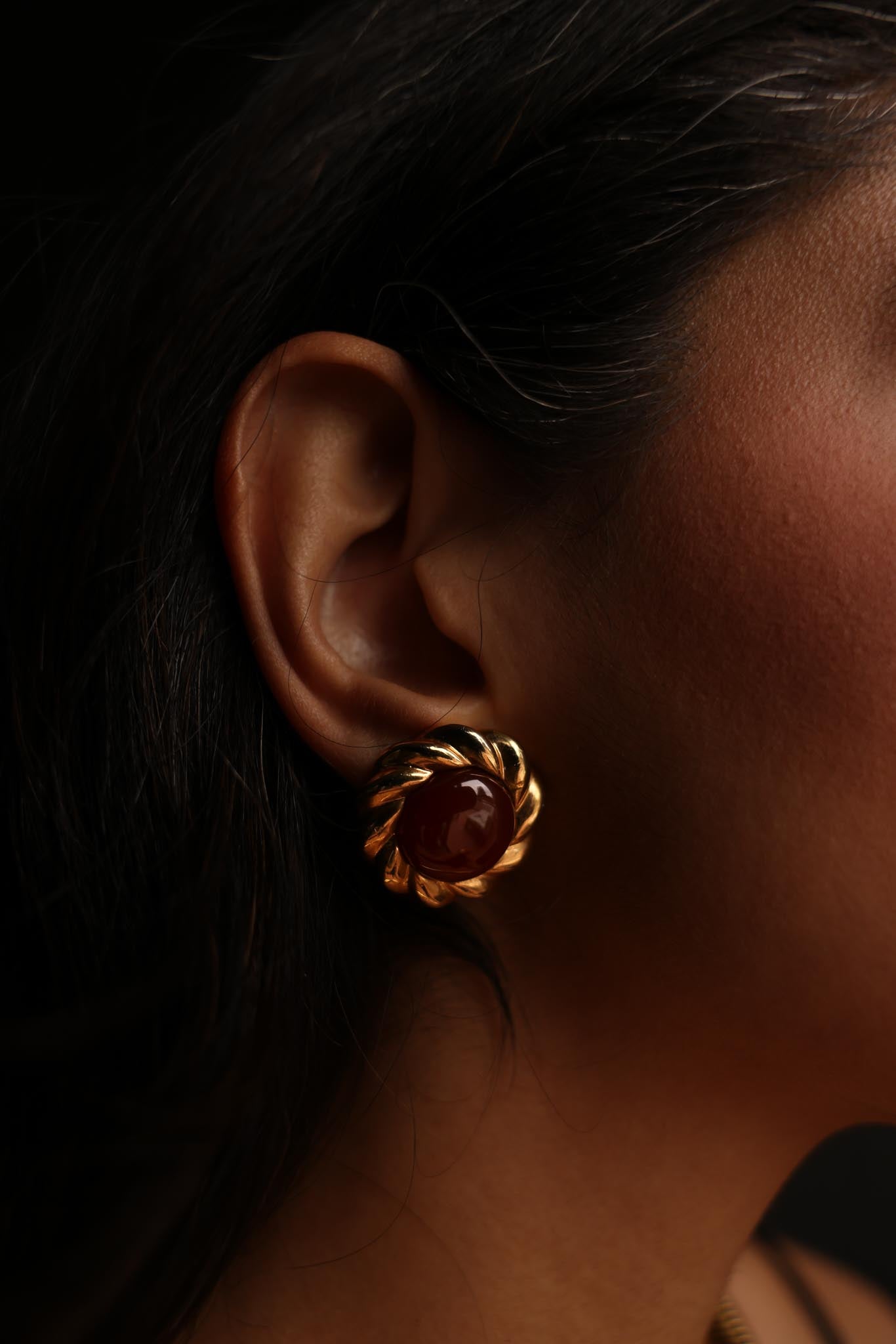 Twisted Gold  Earrings with Brown Cabochons|Vintage Baazaar 