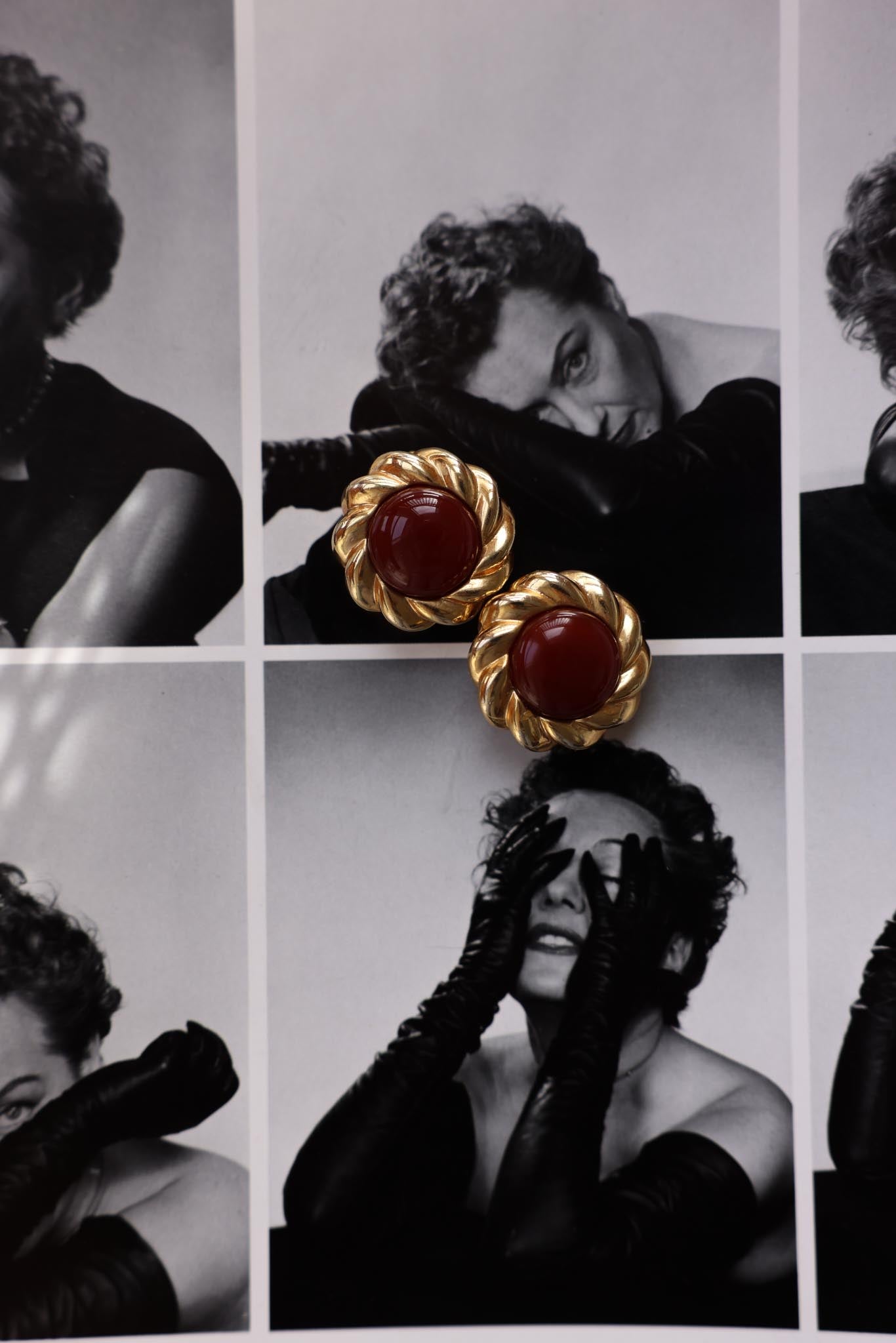 Twisted Gold  Earrings with Brown Cabochons|Vintage Baazaar 