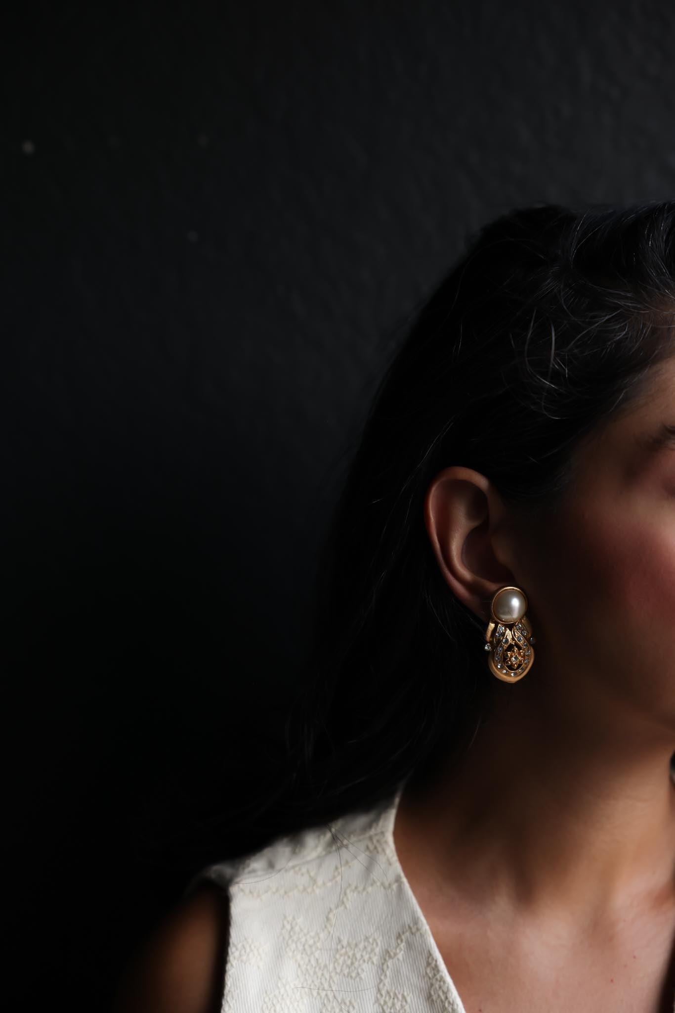 Pearl and Rhinestone Gold-Tone Clip-On Earrings