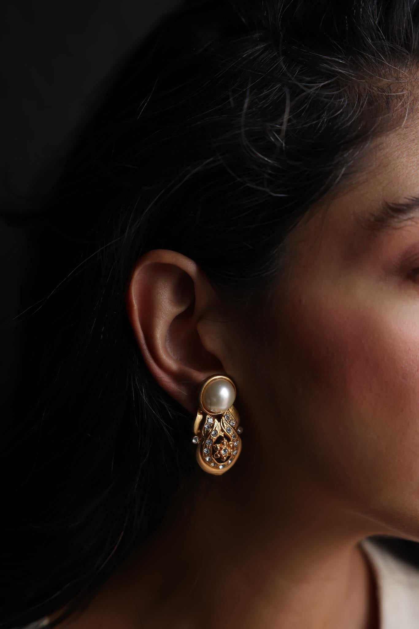Pearl and Rhinestone Gold-Tone Clip-On Earrings