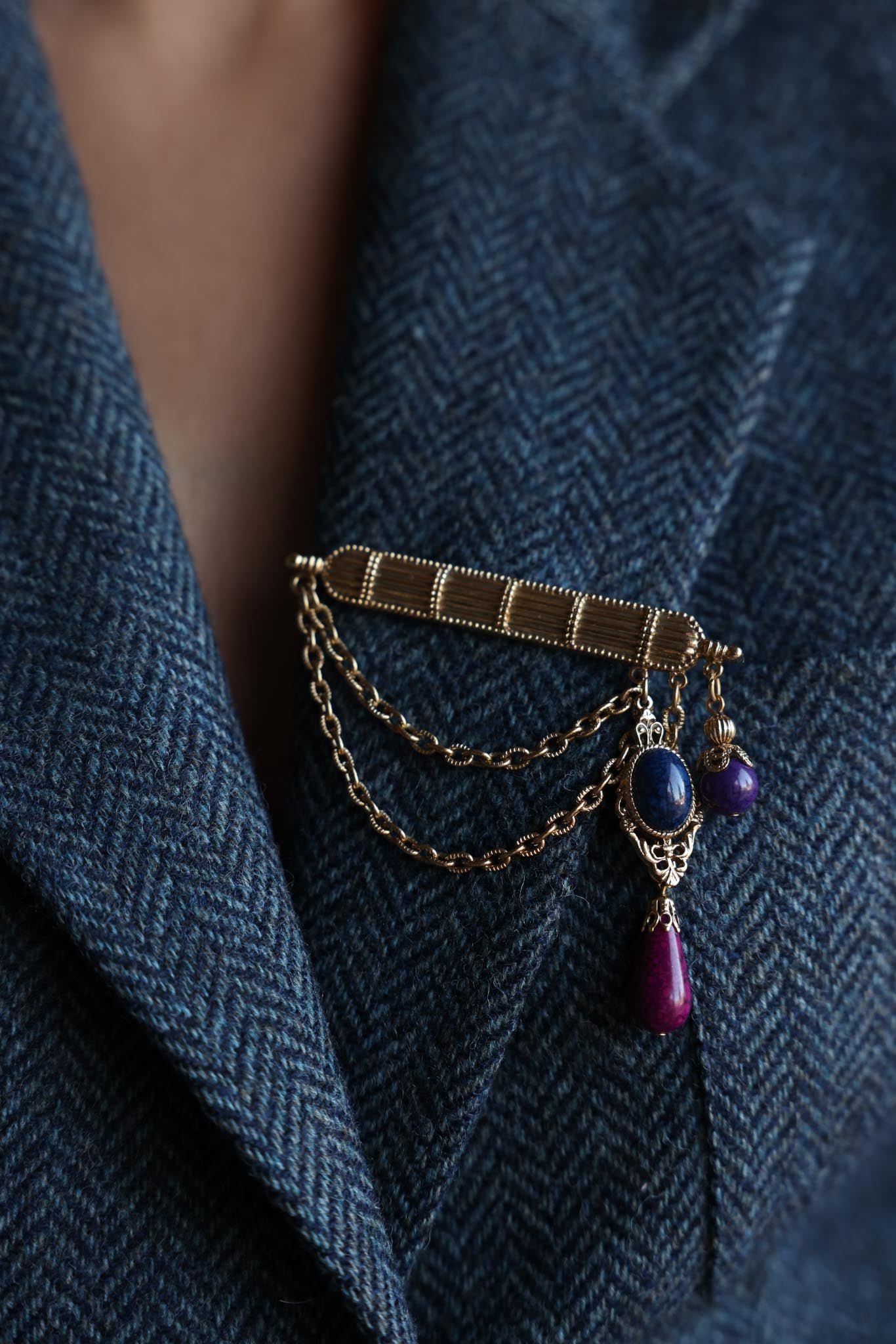 Multi-Color Cabochon Brooch with Chains