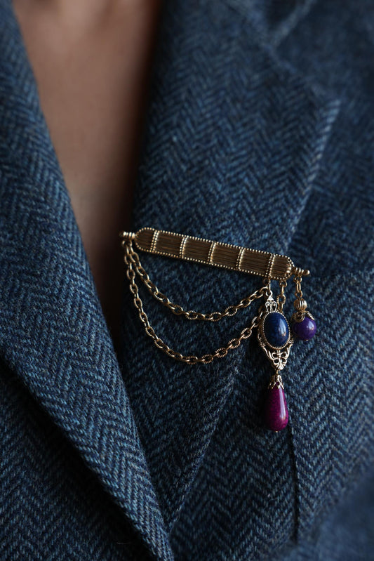 Multi-Color Cabochon Brooch with Chains