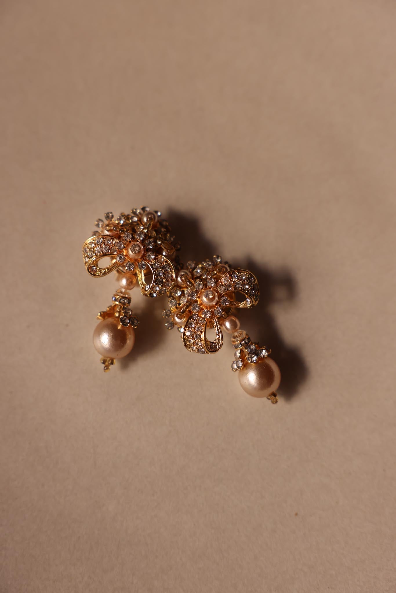 Gold-Tone Bow Faux Pearl Drop Clip-On Earrings