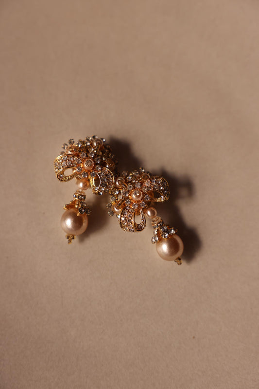 Gold-Tone Bow Faux Pearl Drop Clip-On Earrings