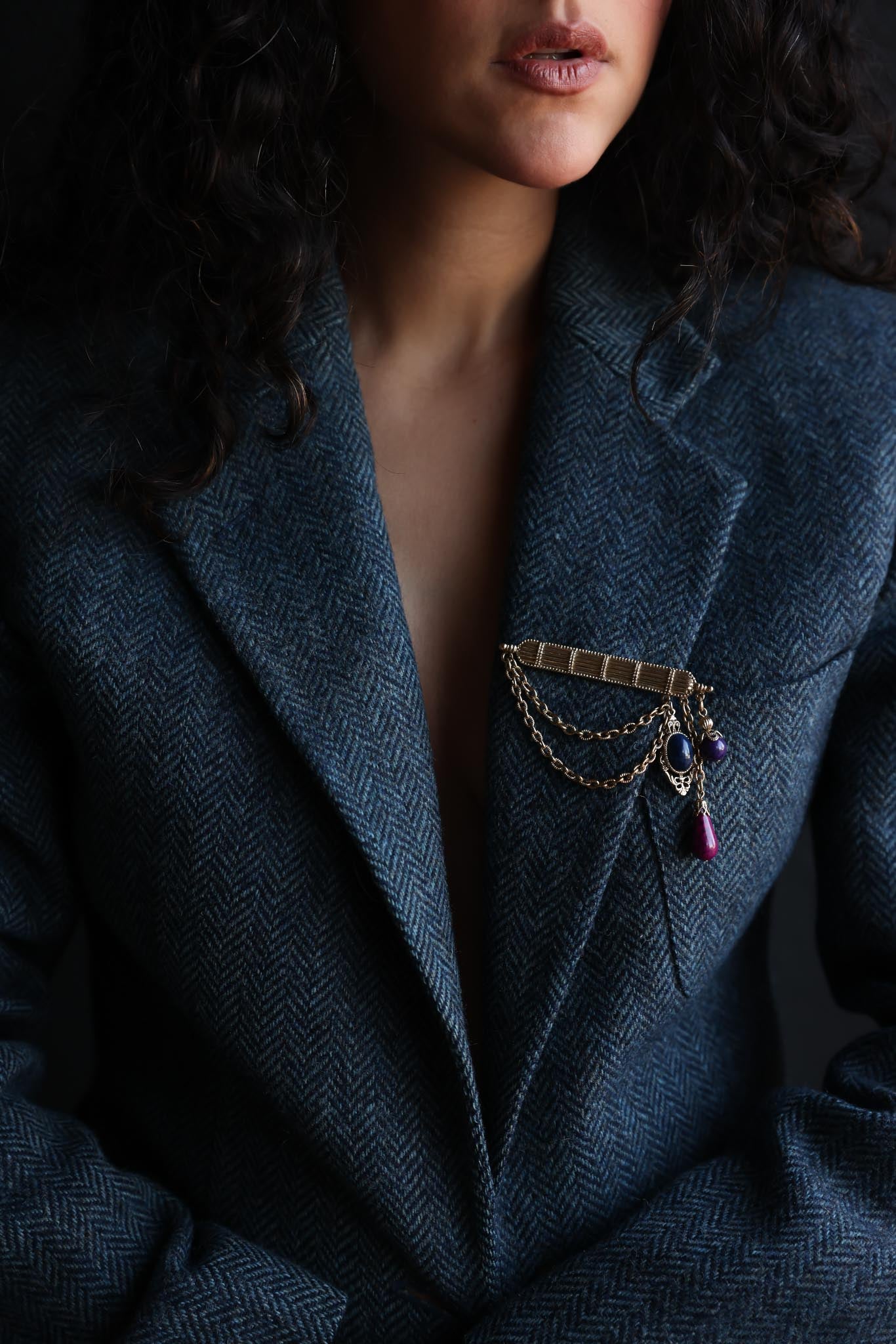 Multi-Color Cabochon Brooch with Chains