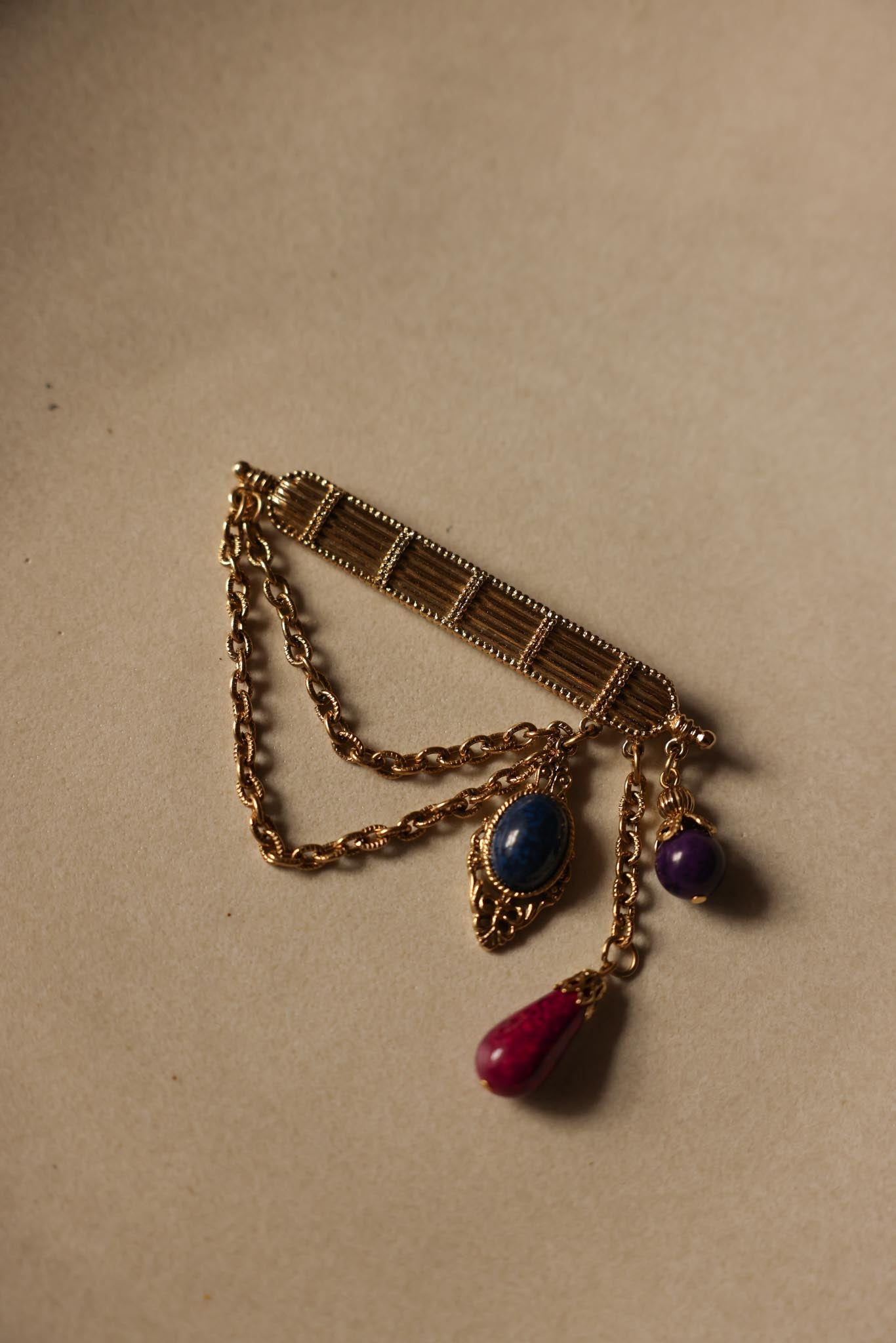 Multi-Color Cabochon Brooch with Chains