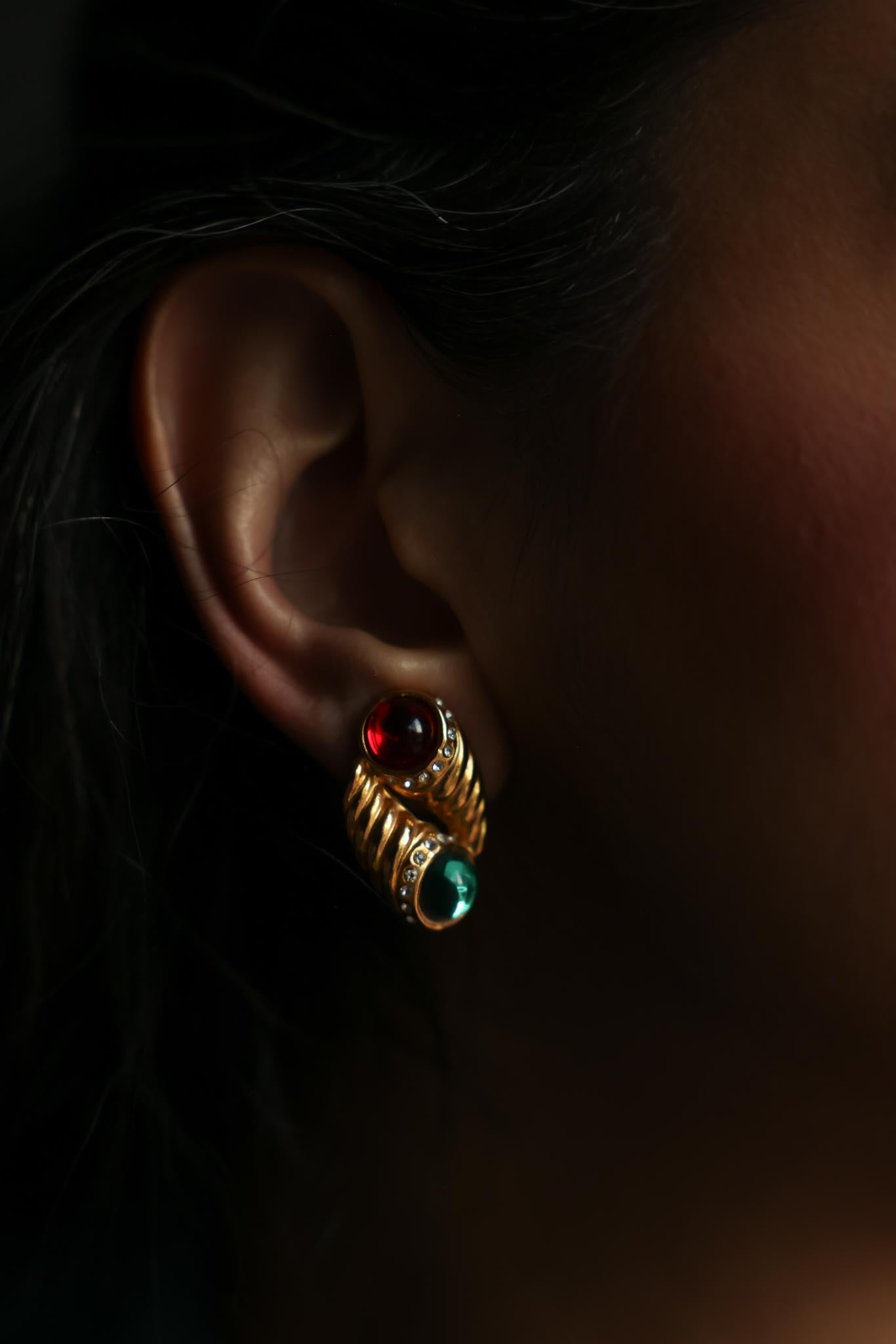 Gold-Tone Red and Green Cabochon Clip-On Earrings