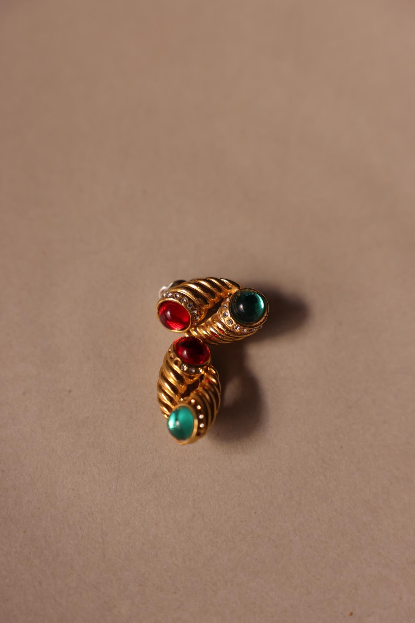 Gold-Tone Red and Green Cabochon Clip-On Earrings