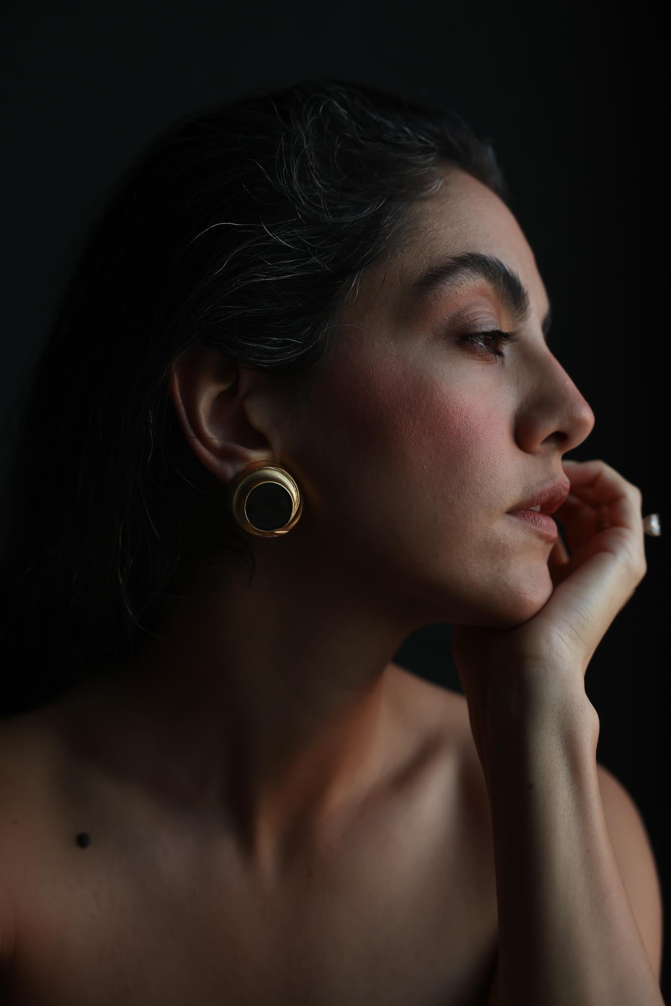 Matte Gold Black Enamel Round Clip-On Earrings