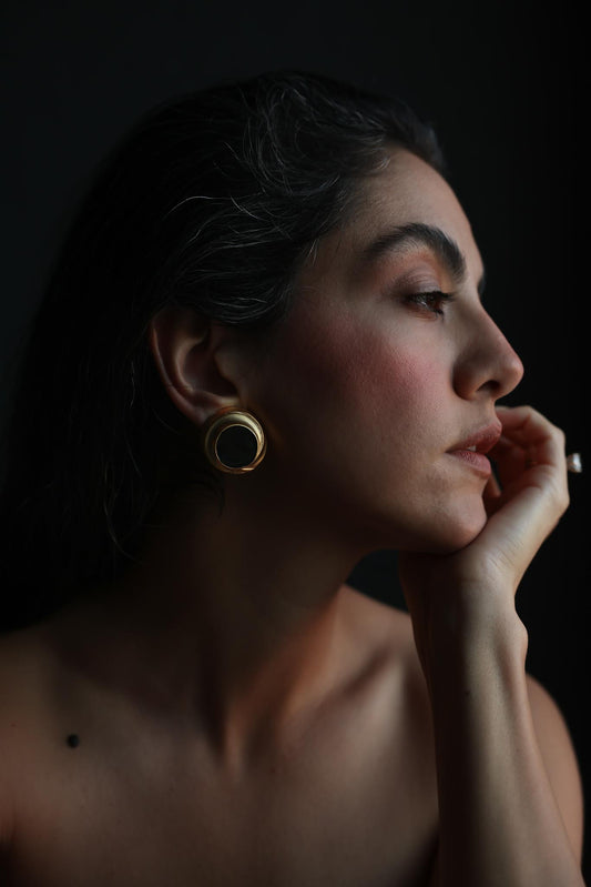 Matte Gold Black Enamel Round Clip-On Earrings