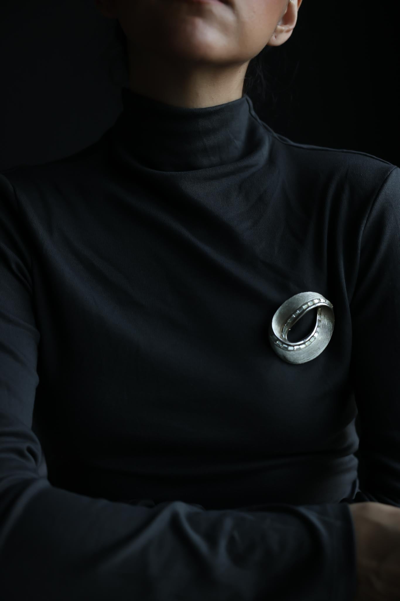 Silvertone Textured Oval Brooch