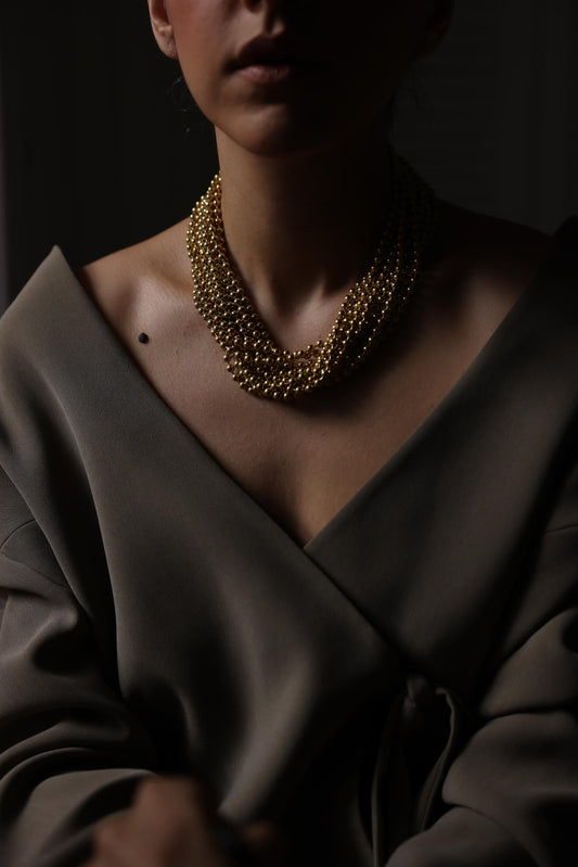 Gold Tone Multi Strand Beaded Statement Necklace